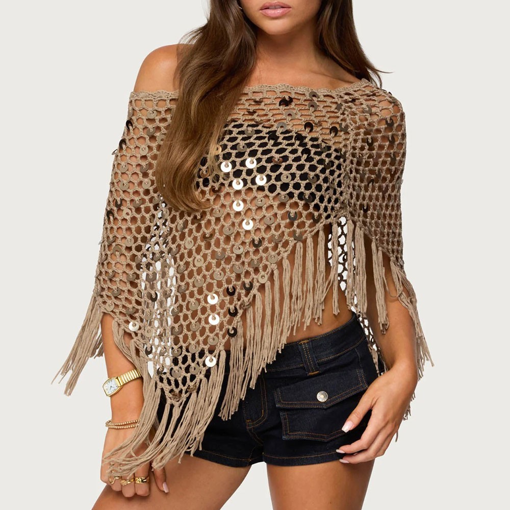 Boho Crochet Sequin Triangle Scarf Shawl Wrap Handmade Tassels for Women