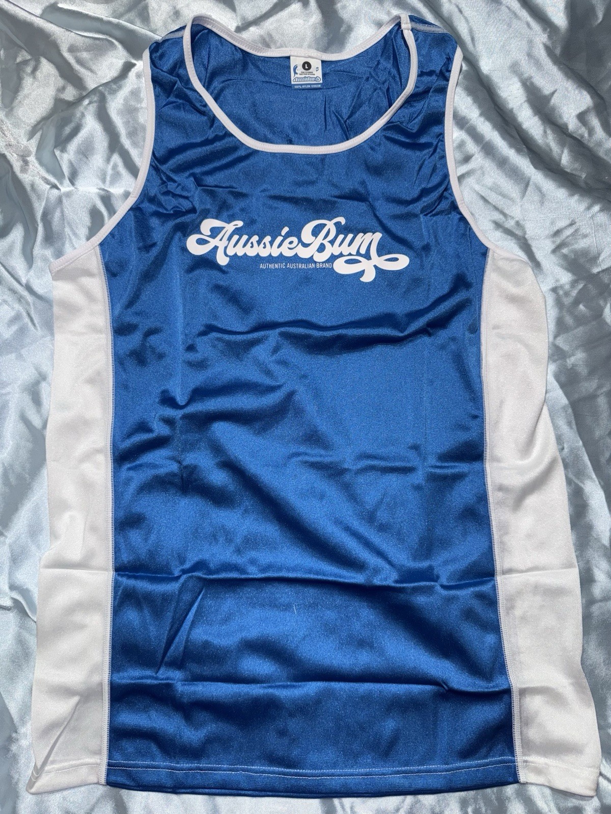 🔥 NEW AussieBum SILKY Nylon Tank Top Surfing Men Lg BLUE WHITE Aussie Bum Glanz
