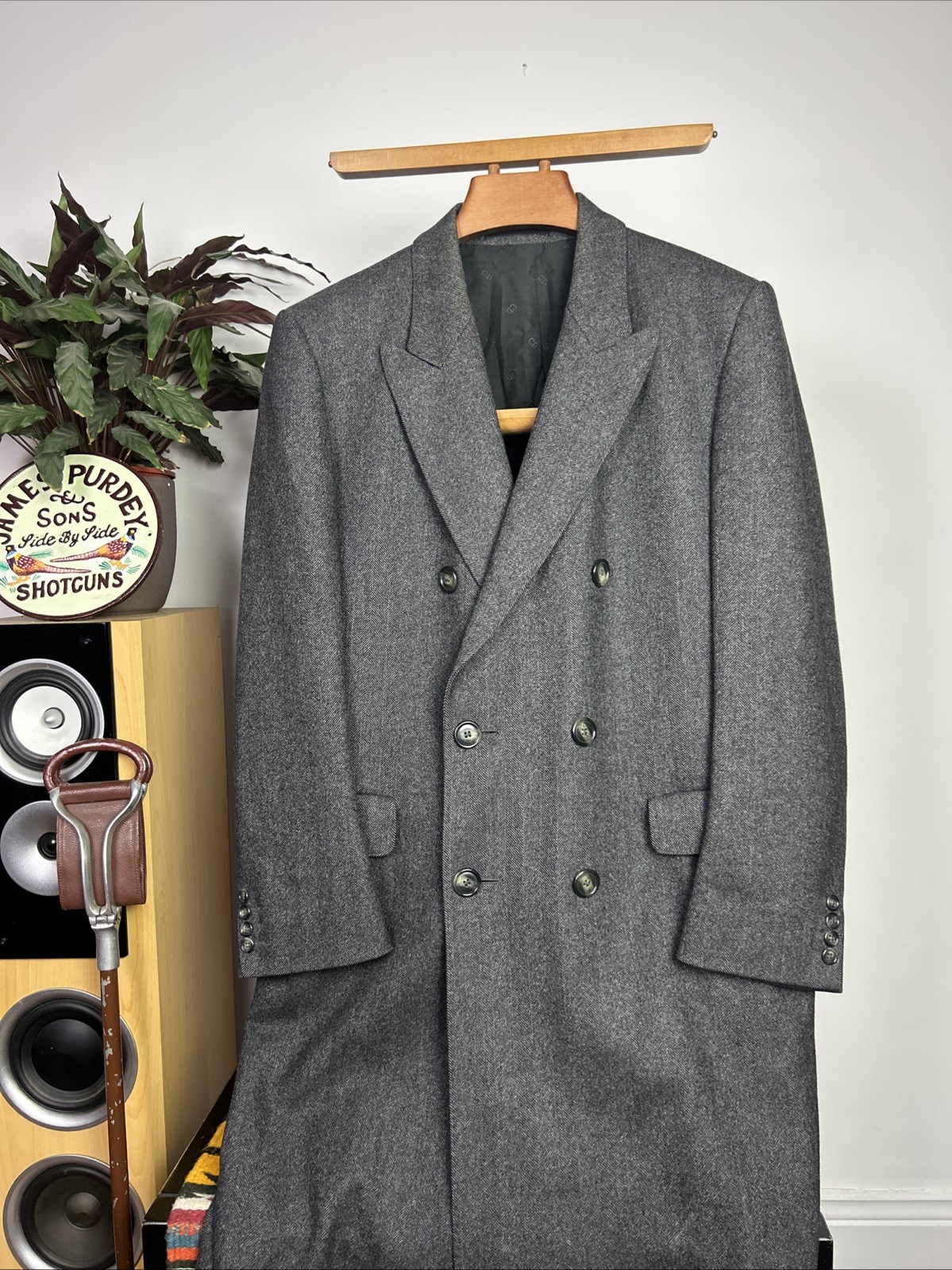 Christian Dior Herringbone (44R) Double Breasted Wool Charcoal Overcoat Jacket