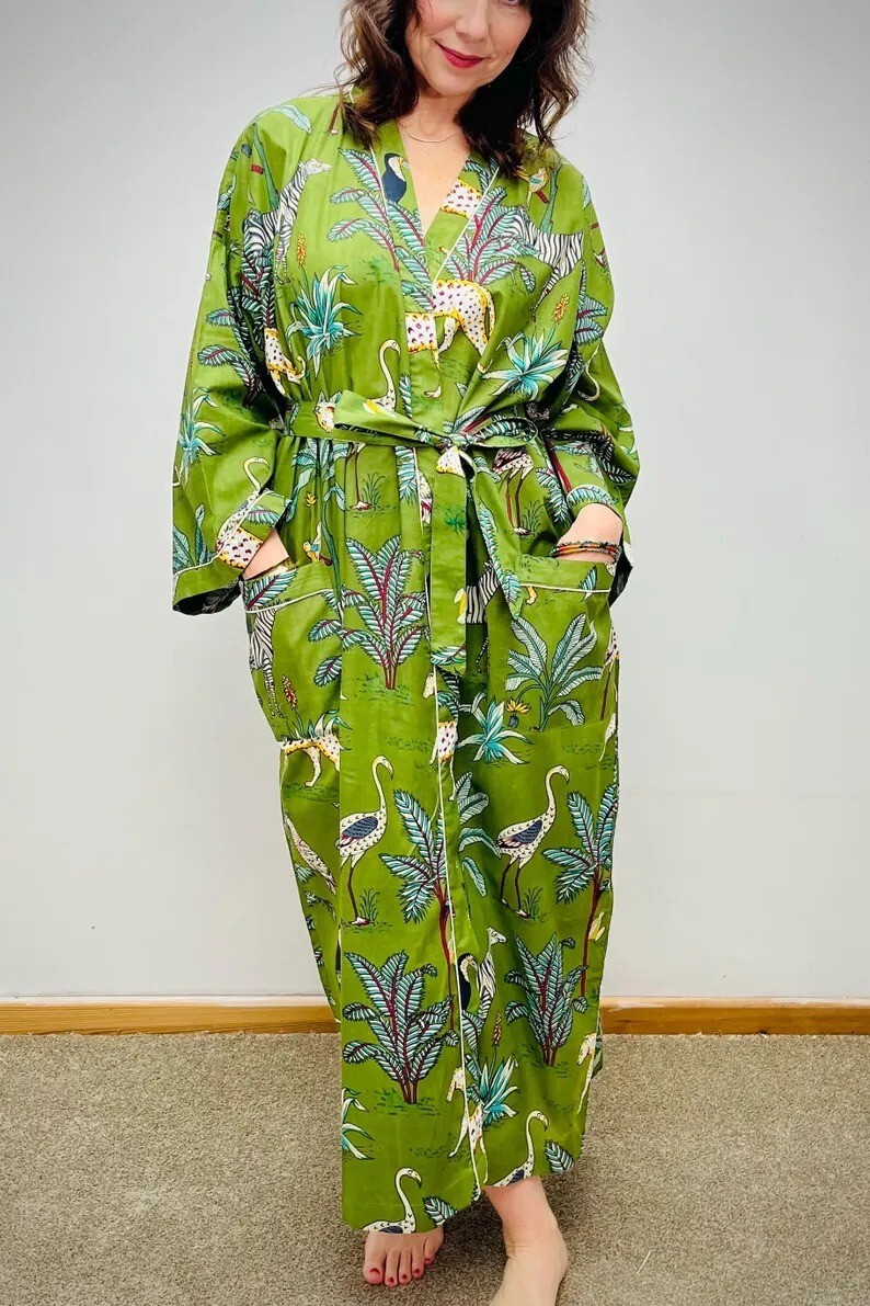 Green Tiger Cotton Robe Long Kimono Indian Sleepwear Night Suit Kimono Robes US