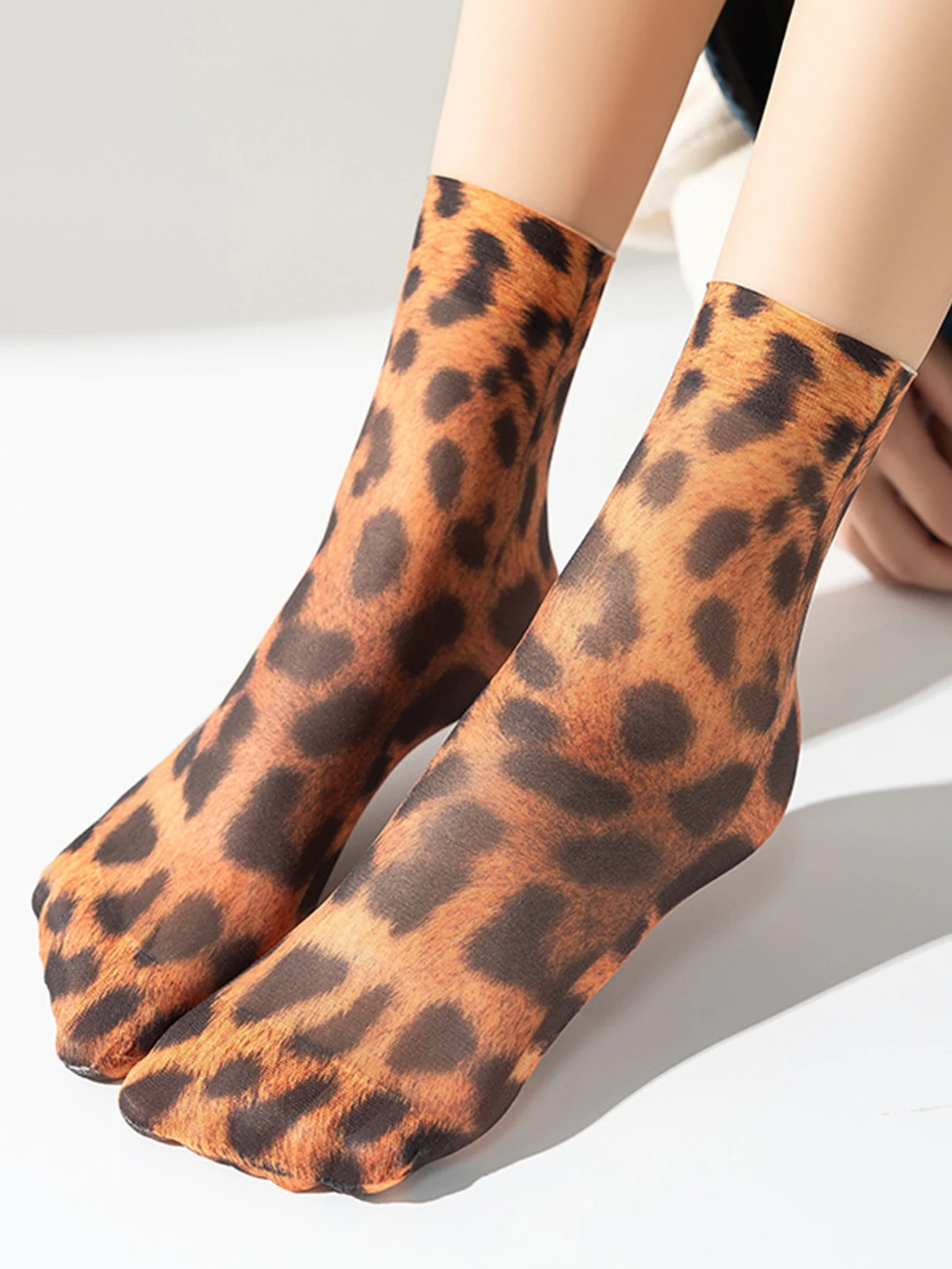 3 Pairs Leopard Large Flower Print Short Socks Stocking High Elastic Comfortable