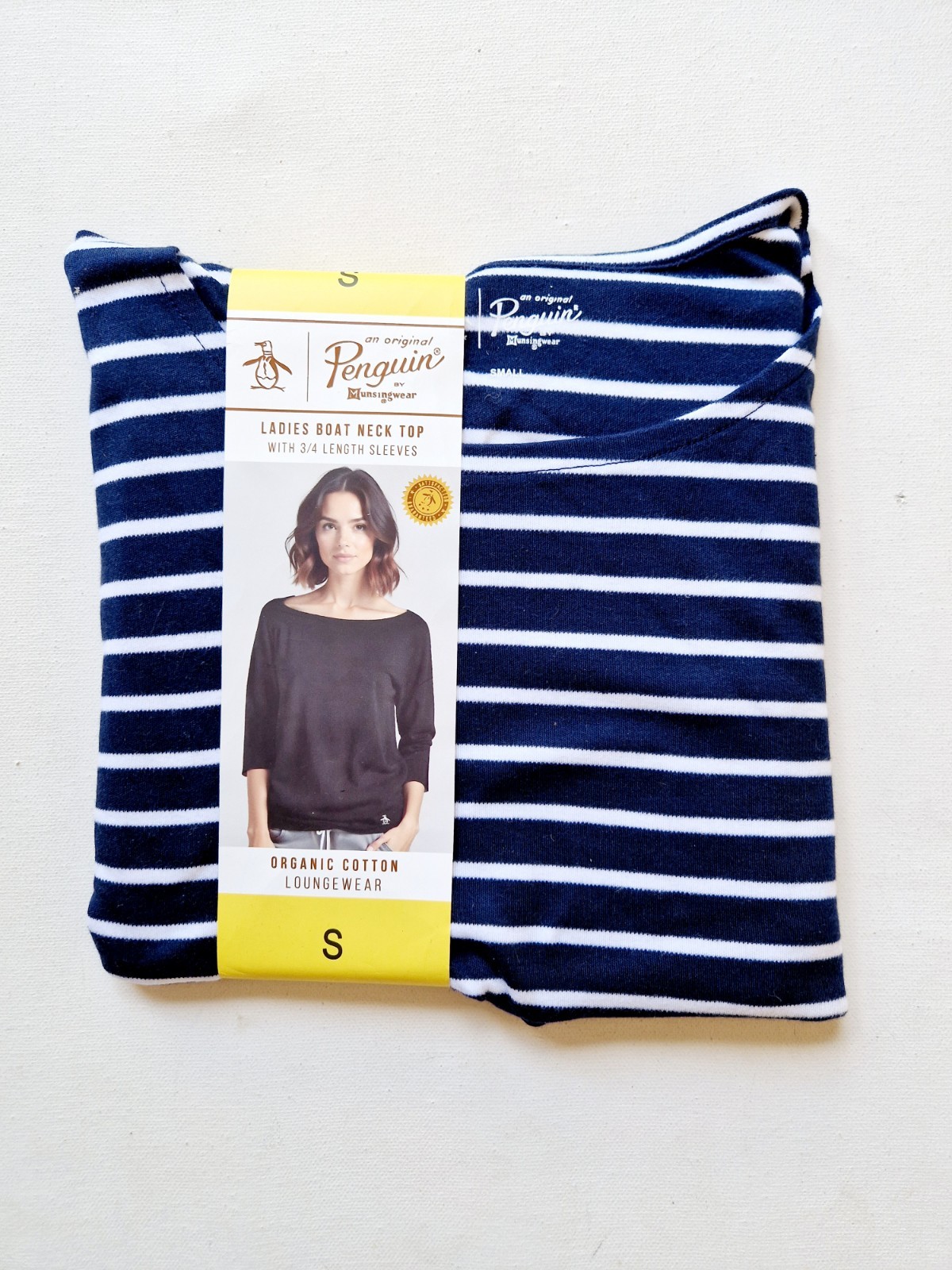 Penguin Women’s Boat Neck Top 3/4 Length Sleeves 100% Cotton Size S Navy Stripe
