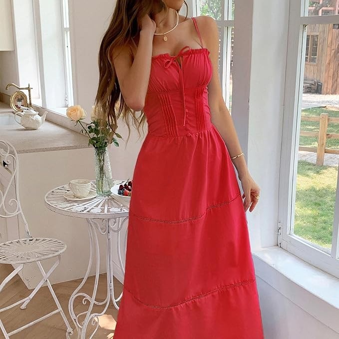 Midi Corset Dress Boho Flowy Slit Lace Up Dresses Casual Sundress Size M