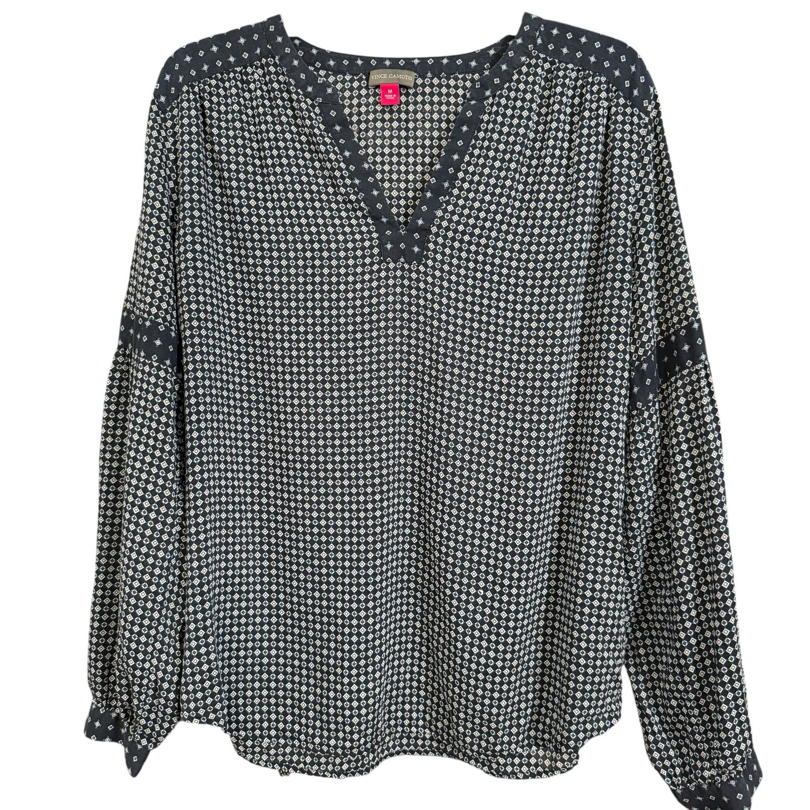 🖤 Vince Camuto Black White Boho Blouse M Lyocell Cotton Geometric Peasant Top
