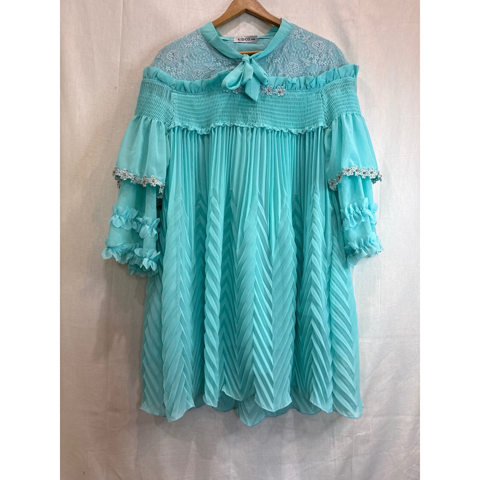 KID CO Aqua Blue Lace Trim Pleated Tunic Dress Teen 16/ Small Adult Rhinestone