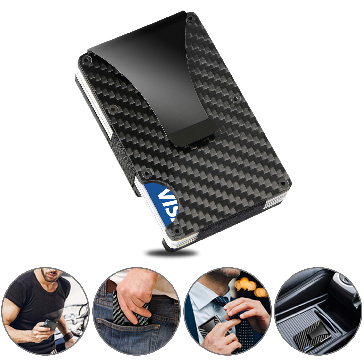 Men’s RFID Blocking Slim Money Clip Carbon Fiber Wallet ID Credit Card Holder
