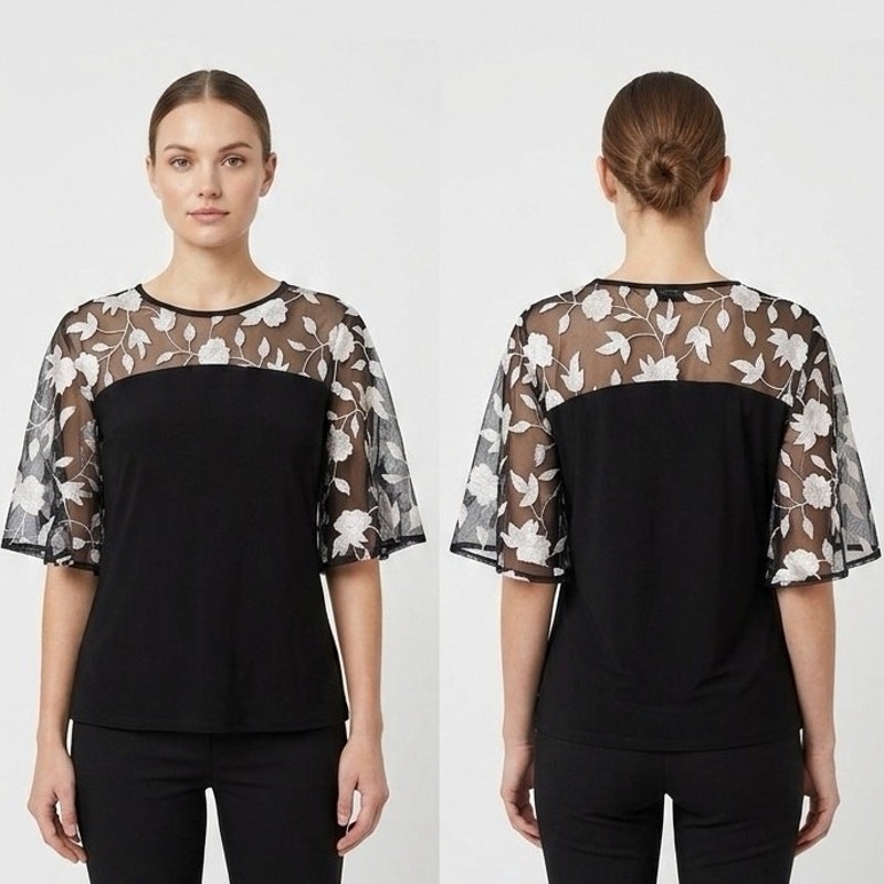 Embroidered Floral Black Blouse: Sheer Neck and Bell Sleeve Design size small