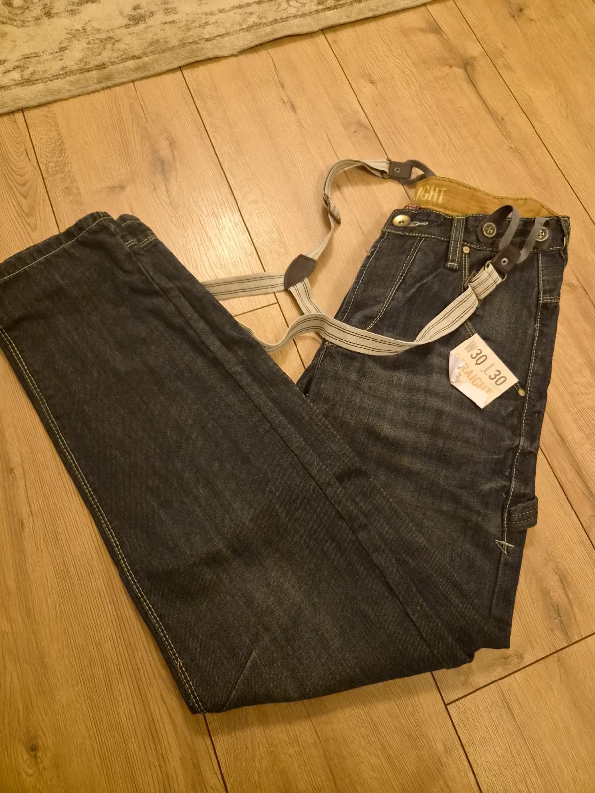 Denim Co Mens Carpenter Jeans W30 L30 Dark Wash Straight Leg With Suspenders