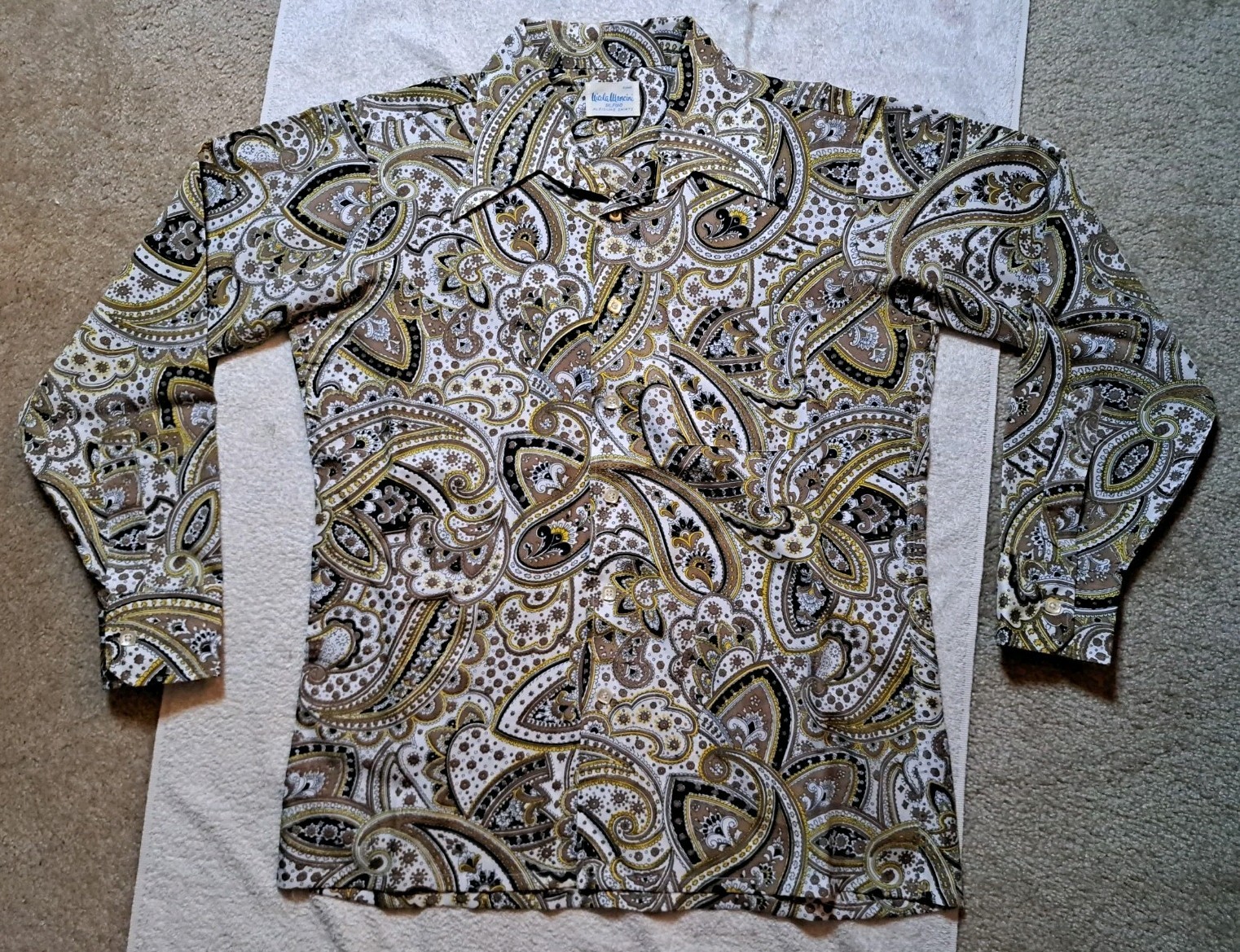 Vintage Nicola Mancini Pleisure Shirt Paisley Button-Up Large Pocket 70s 80s