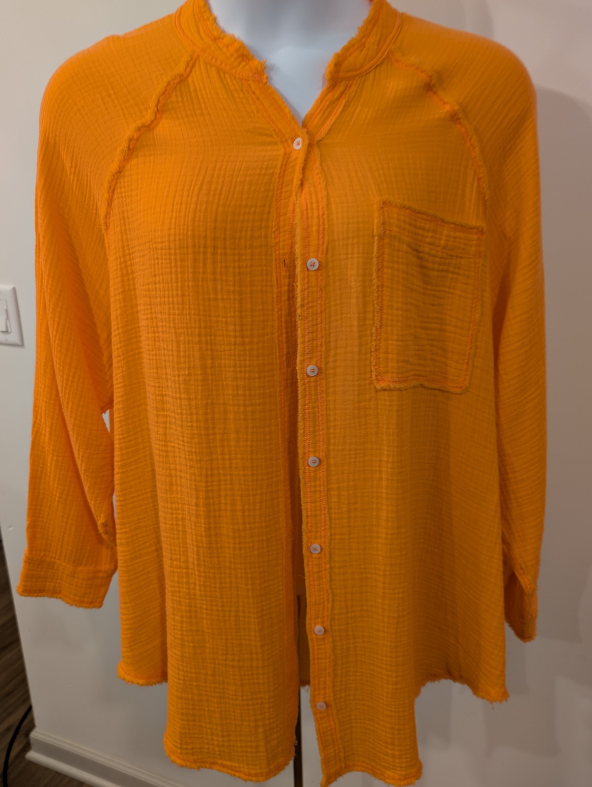 1058 – AERIE Orange Gauze Button Front Tunic Shirt Womens Size L Boho – NWT