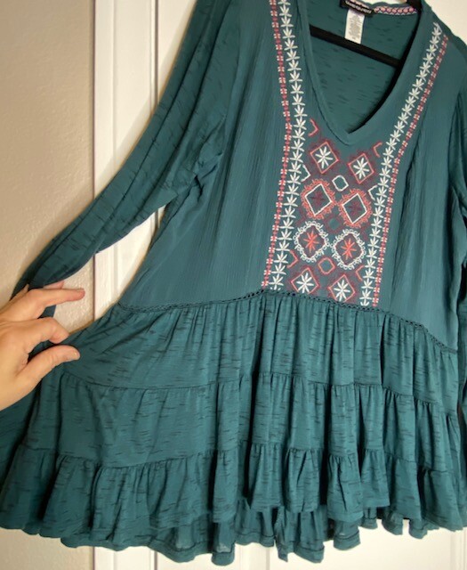 Medium New Teal Blue Embroidered Babydoll Peasant Top Lace Blouse Tee Top