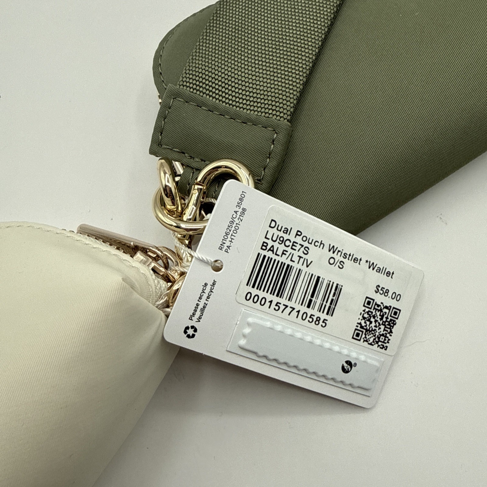 Lululemon Dual Pouch Wristlet Full Size Bayleaf Ivory Gold Hardware NWT
