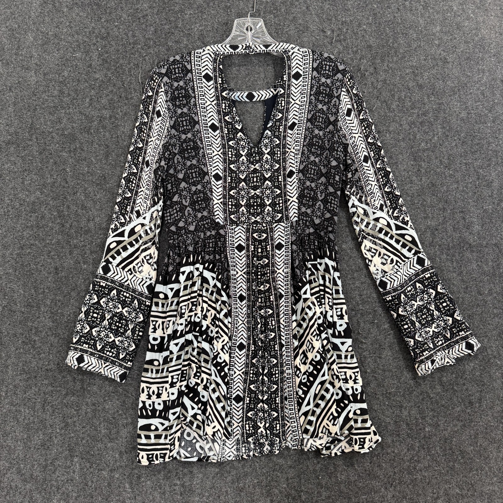 Free People Tegan Border Printed Dress Women’s 4 Black Geometric Bell Sleeve