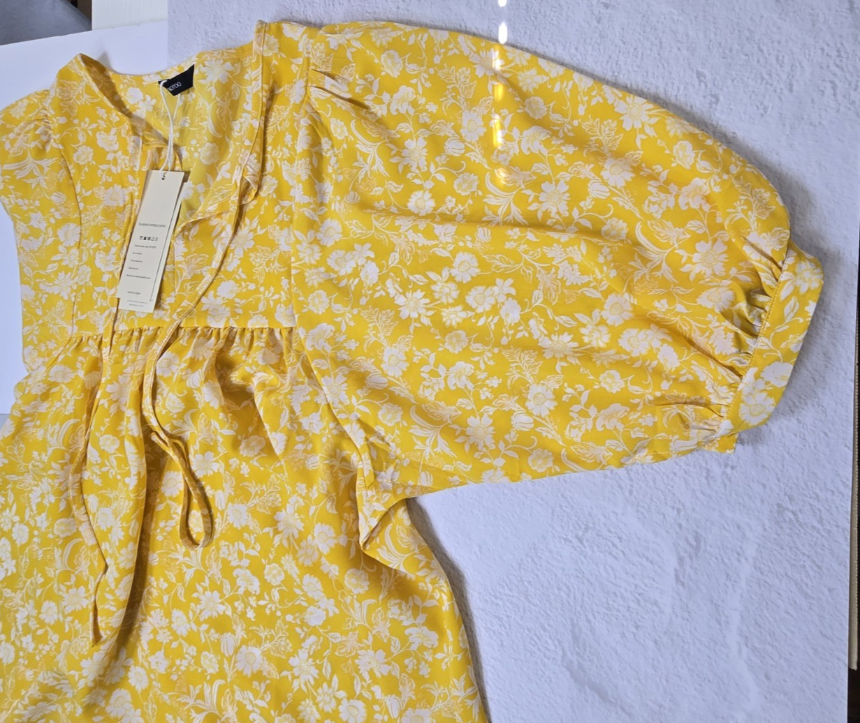 Womens Dress NEW Yellow Floral Peasant Boho Drawstring V Neck Size M Mini NWT