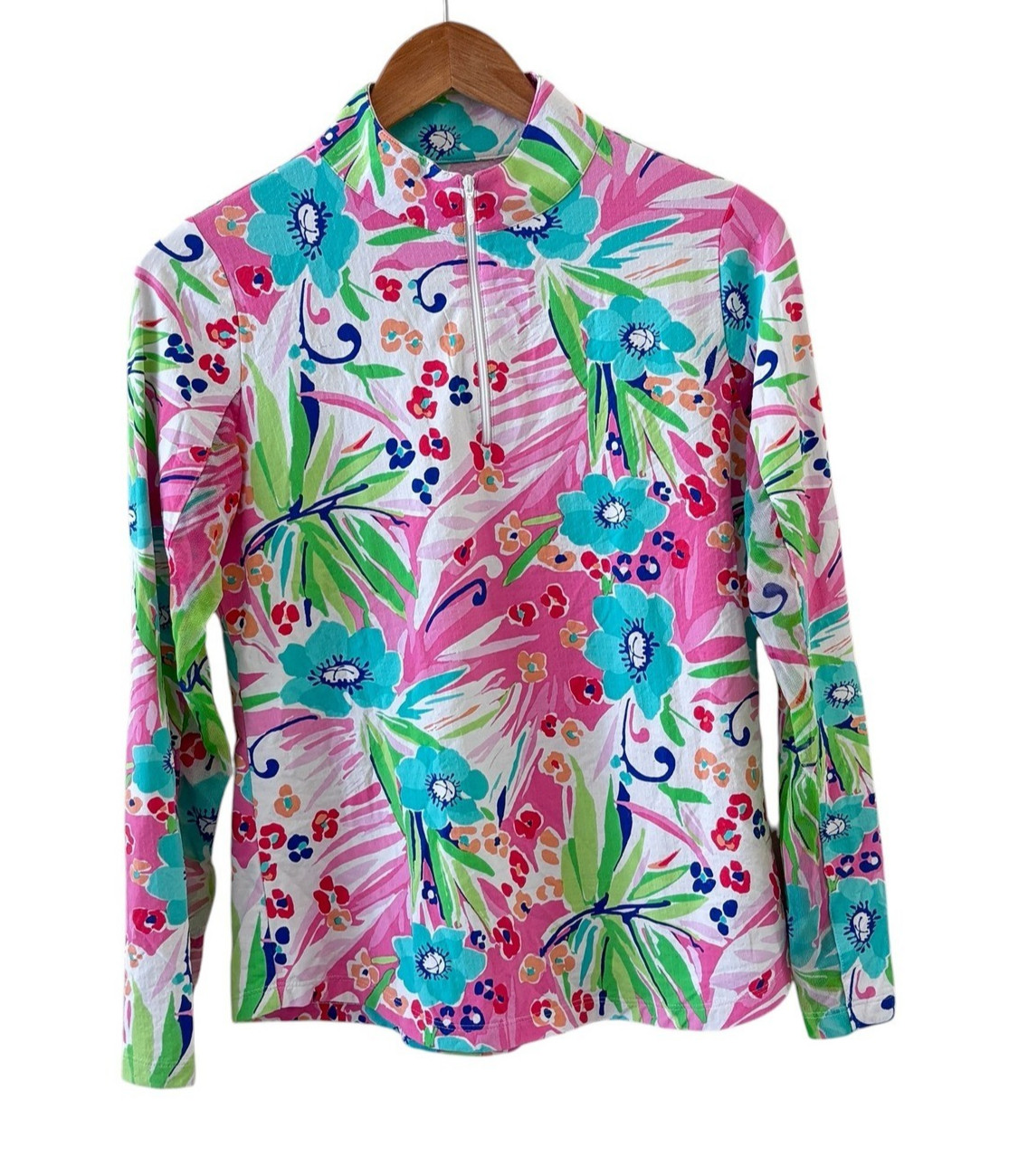 IBKUL Bright Floral 1/4 Zip Mock Neck Top Womens S Long Sleeved UPF 50+ Golf