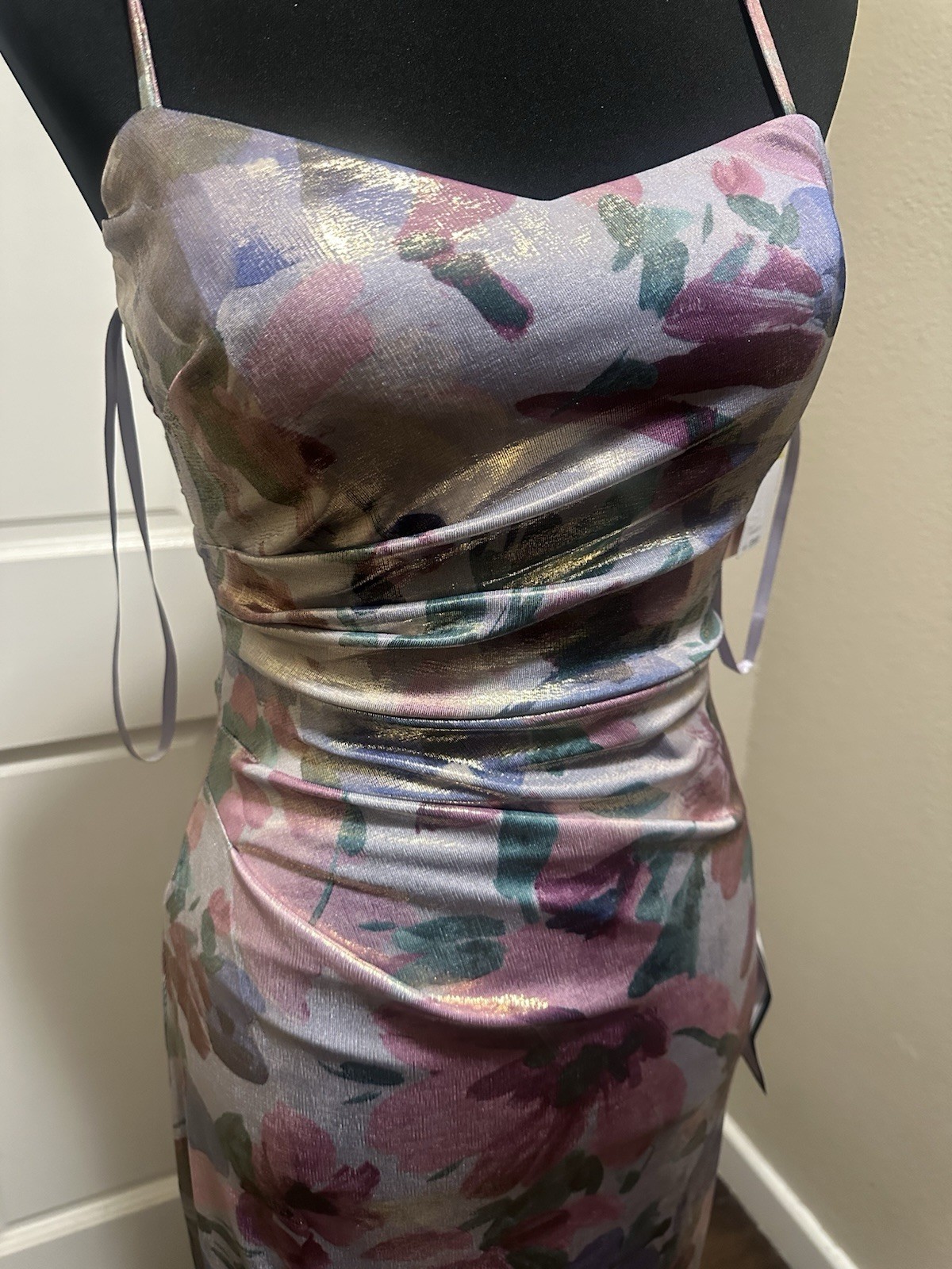City Studios Multicolor Floral Satin Sweetheart Backless Bodycon Midi 7
