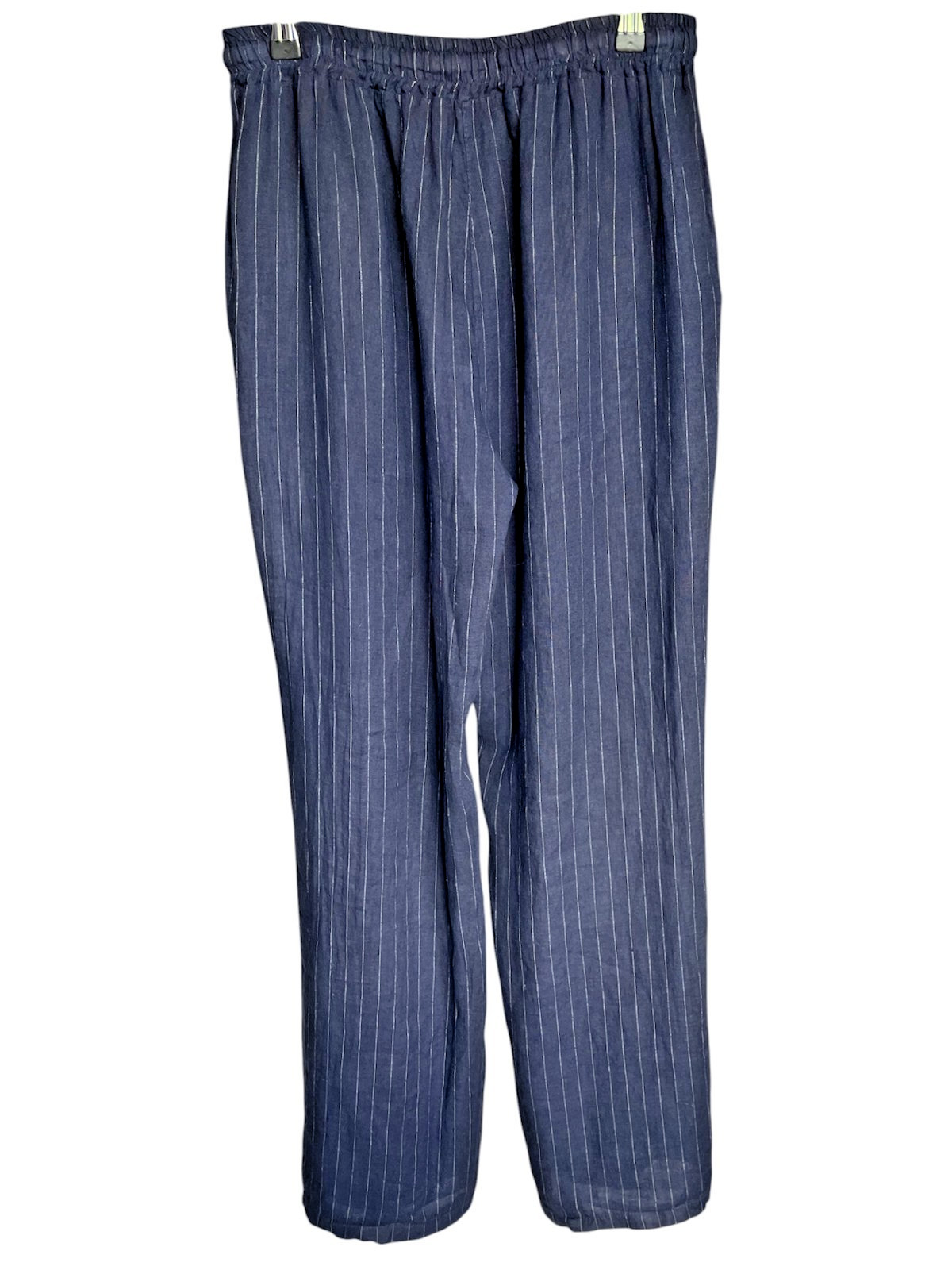 Sorbet Italy 100% Linen Pants L XL Blue Pinstripe Wide Leg Elastic Waist