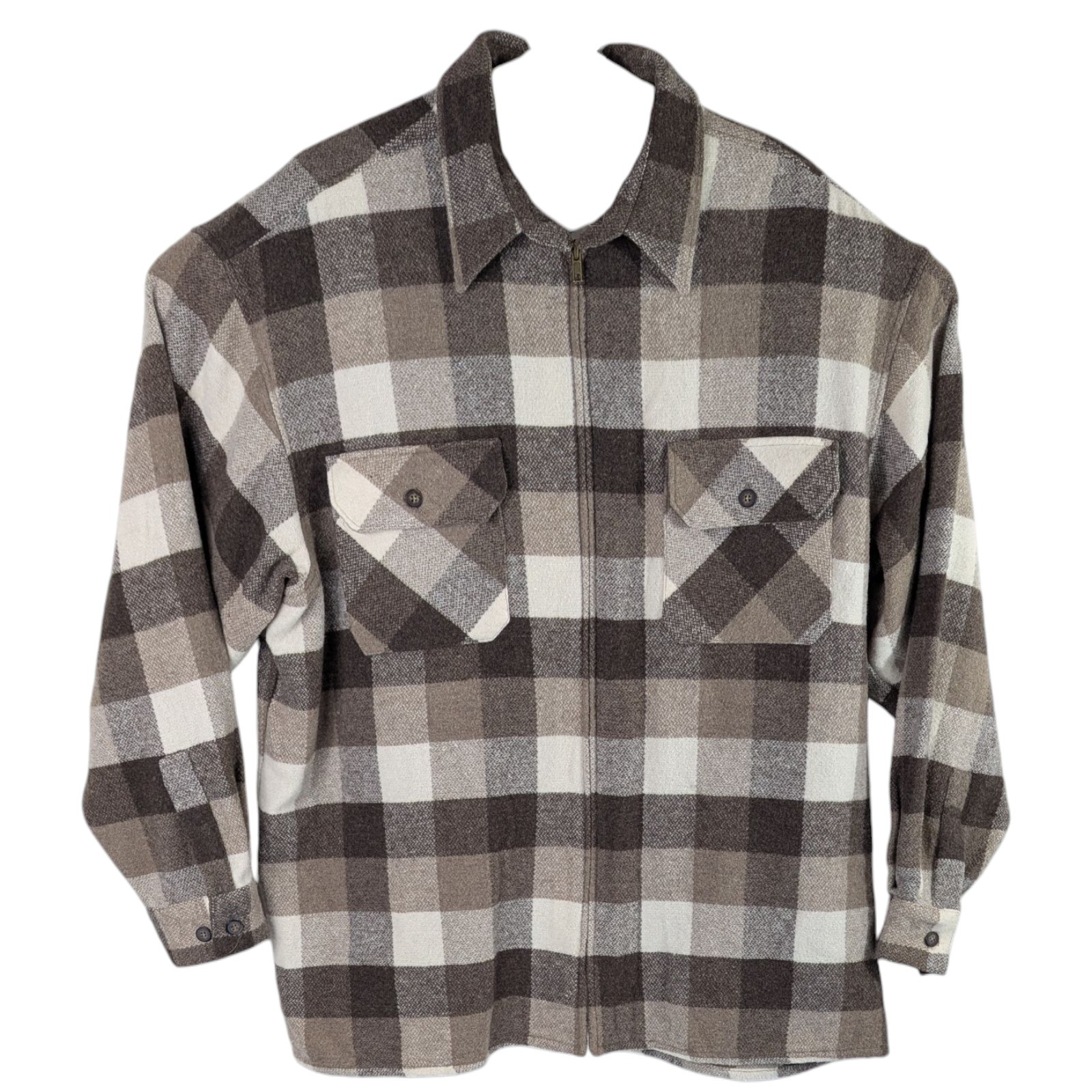 Wah Maker Wool Blend Western Jacket Plaid Coat Sz XL Brown Beige Made USA Zip