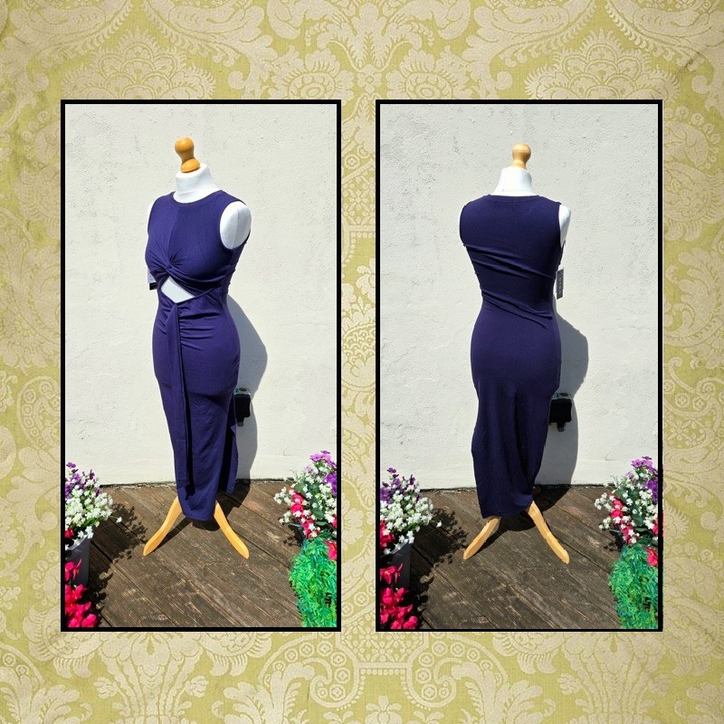 Sexy Size Medium 10 Navy Stretch Sleeveless Cut Out Maxi Ribbed Evening Dress