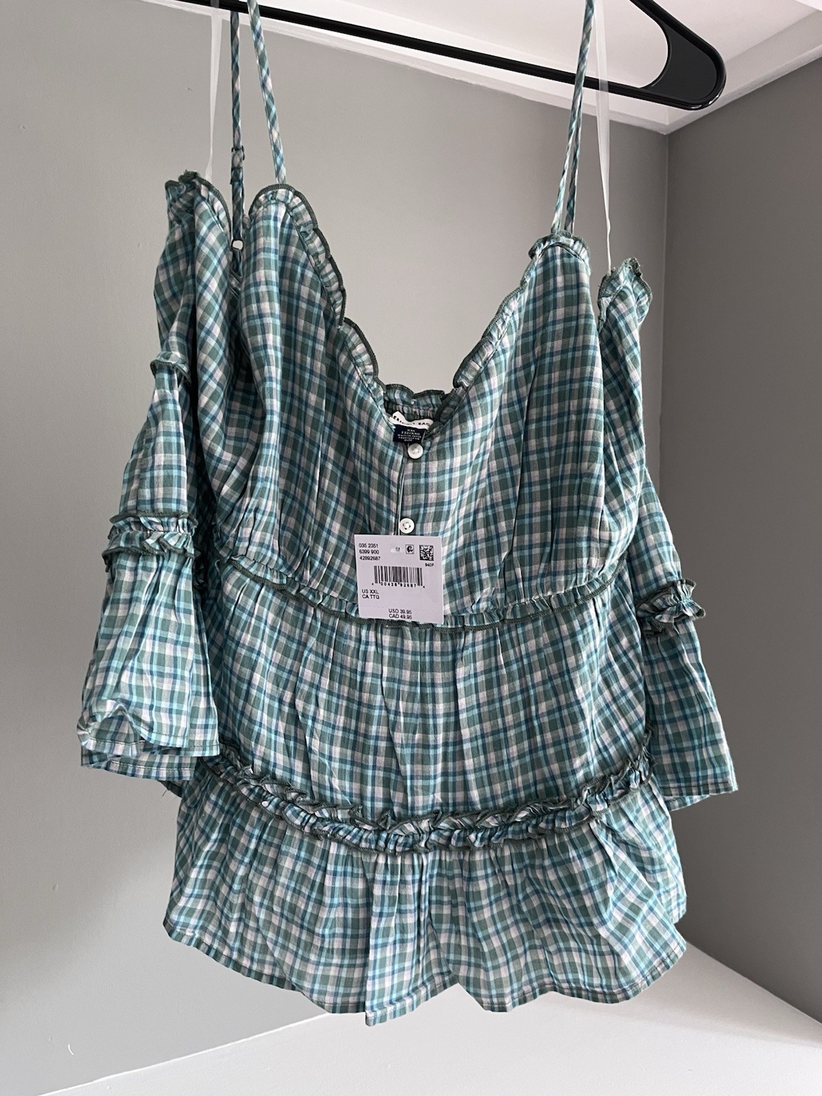 American Eagle Green Plaid Ruffle Square Neck Puff Long Sleeve Blouse XXL