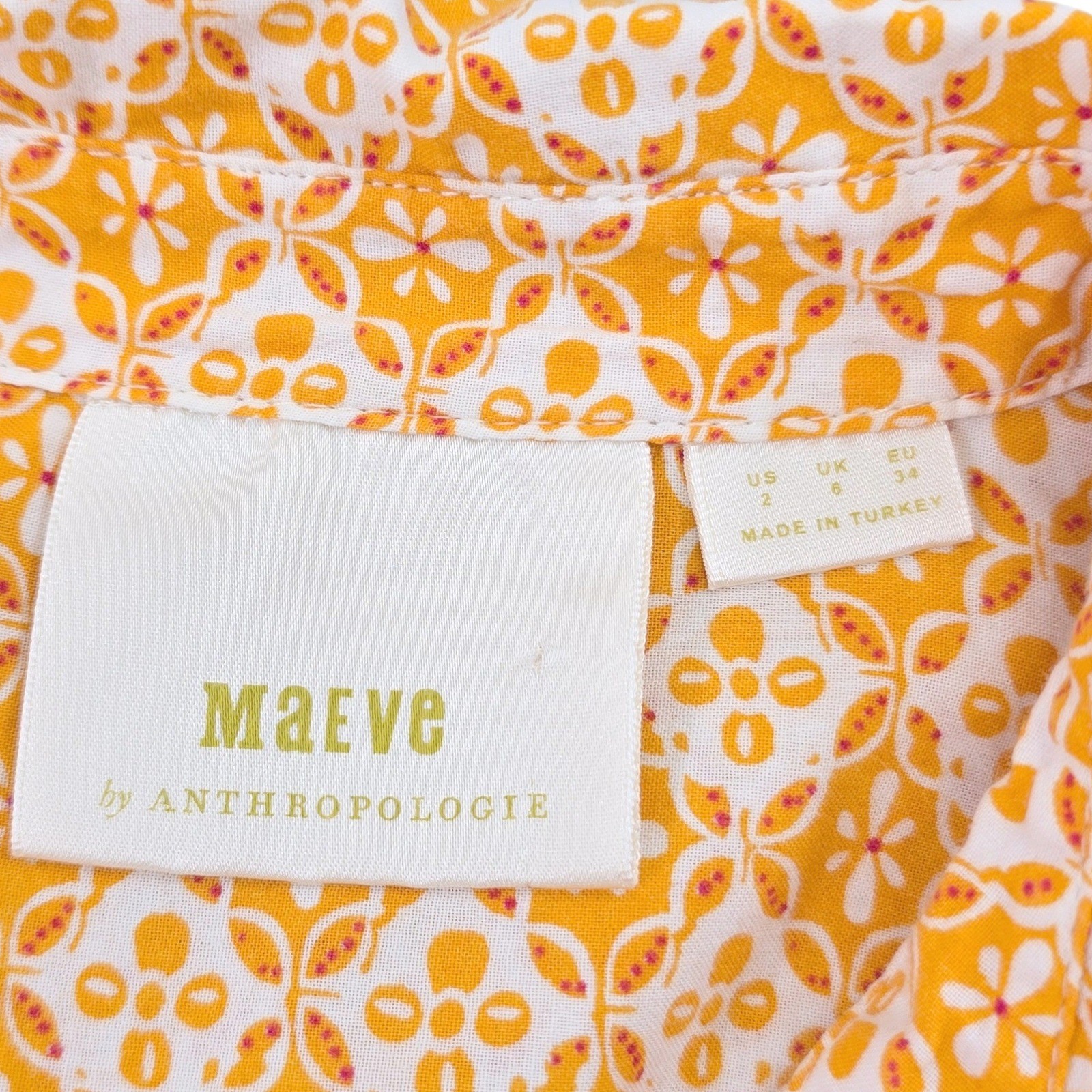 Maeve Anthropologie Button Down Women 2(S) Orange Cotton Geometric Boho Shirt