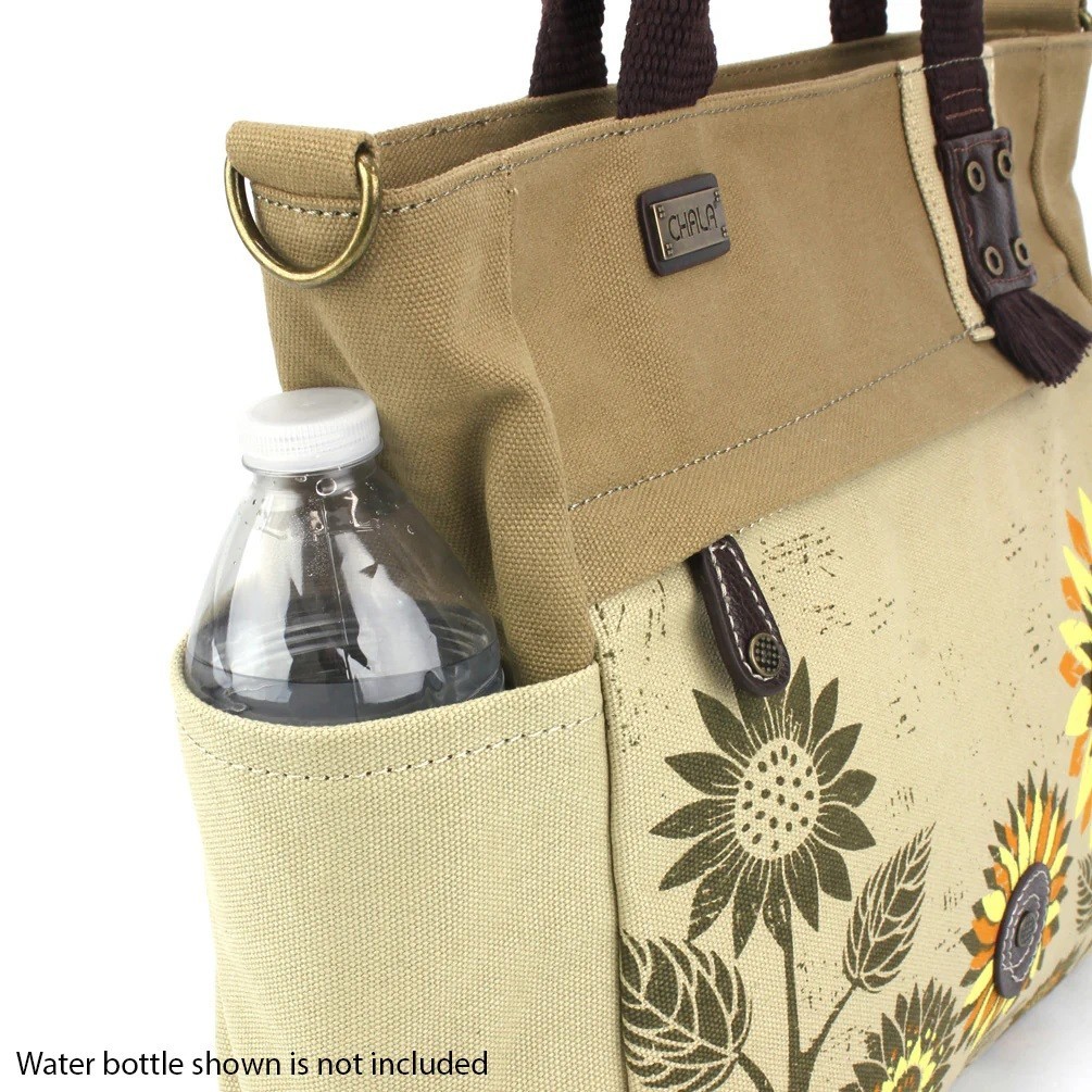 CHALA SUNFLOWER Canvas Print Pocket Tote Detachable Crossbody Strap (Sand) NWT