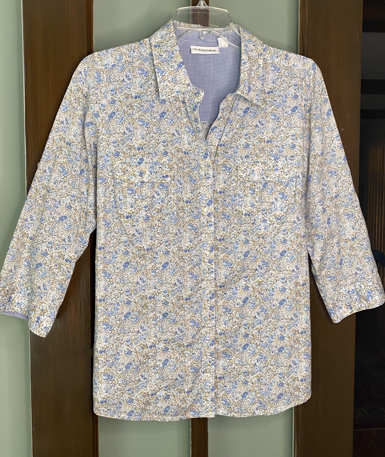 St. John’s Bay Women’s Size M Blue Floral Button Front Soft Cotton Blouse Top