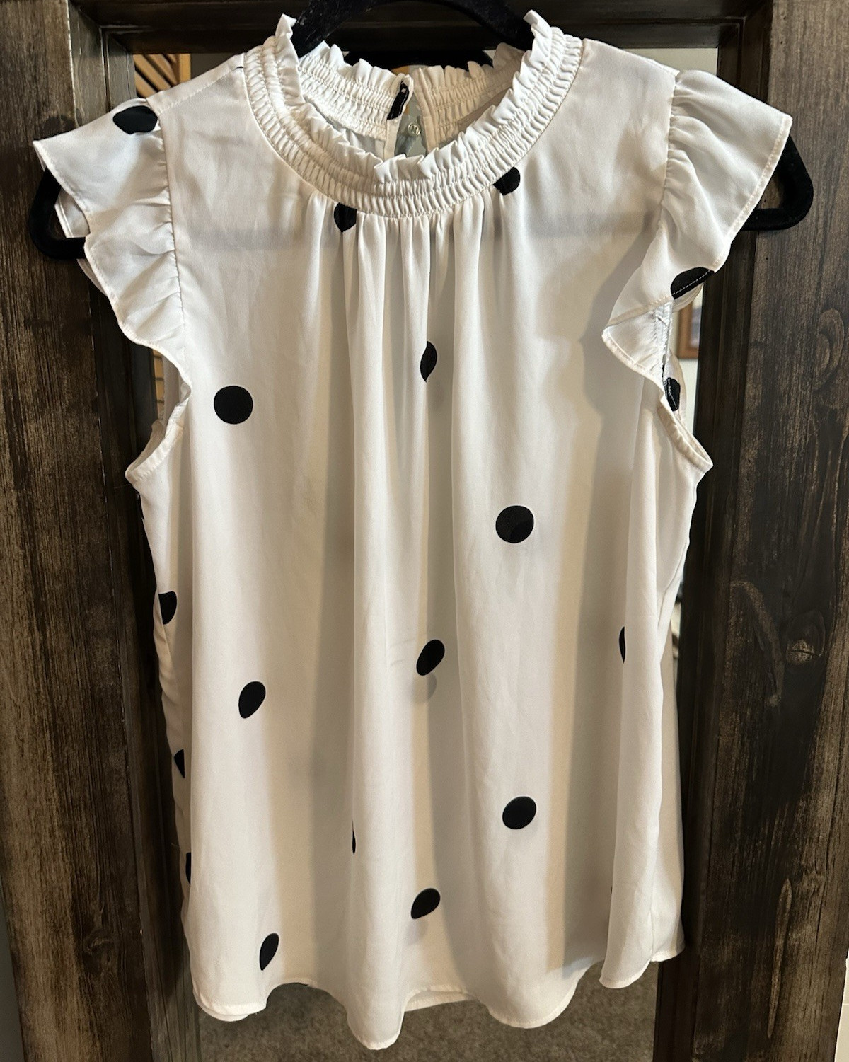 LOFT White Black Polka Dot Flutter Sleeve Blouse Mock Neck Top S Cottagecore