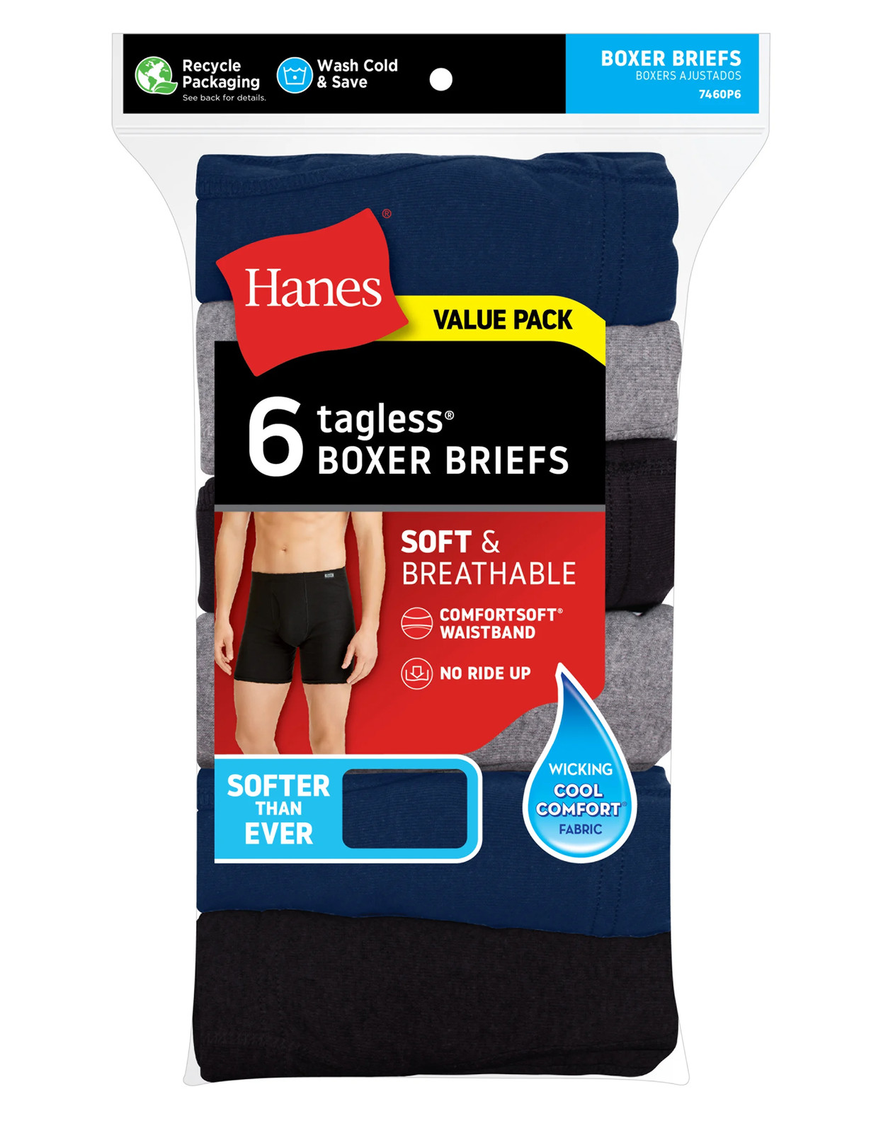 Hanes 6 pack Boxer Briefs Men’s Tagless Cool Comfort Soft Waistband Underwear