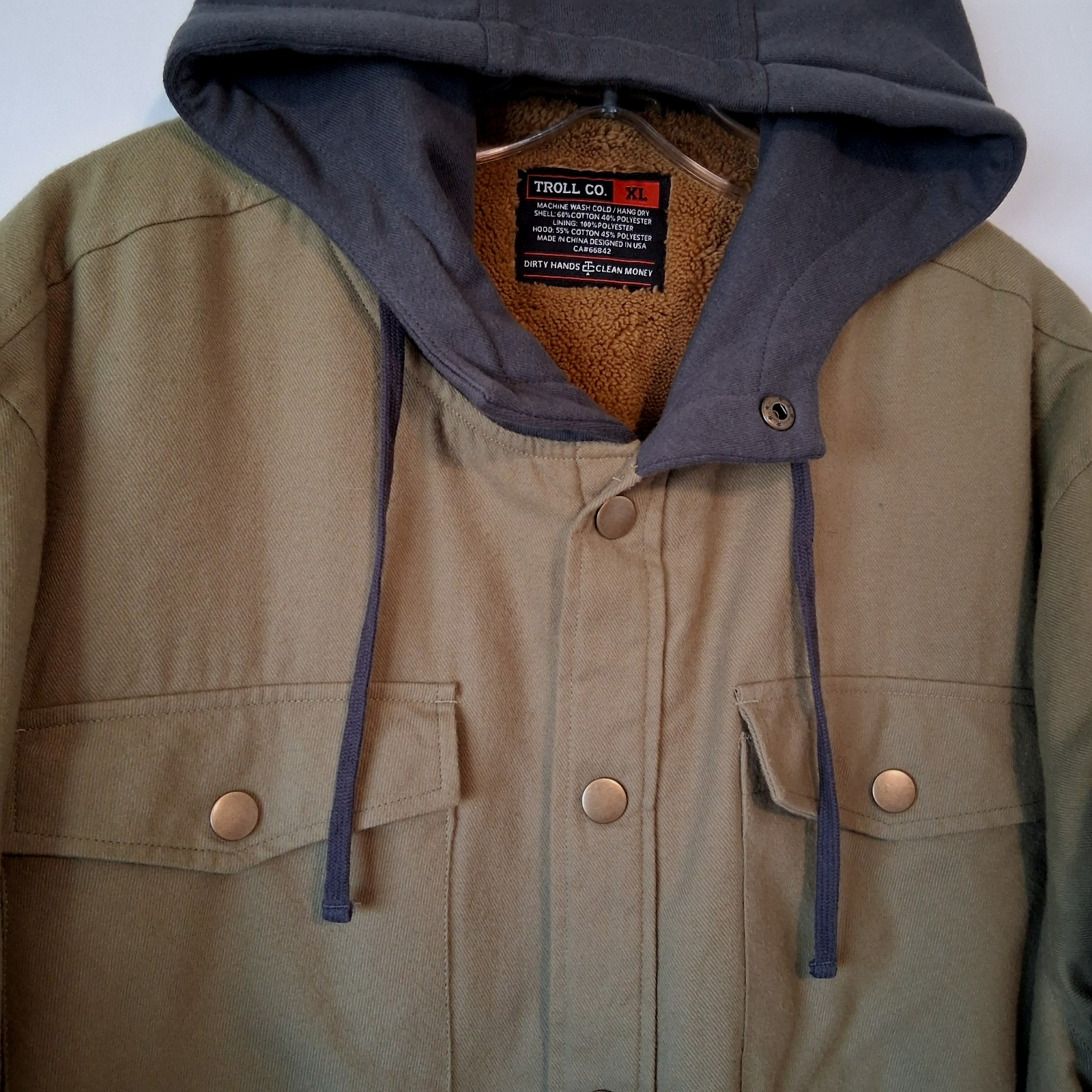 Troll Co Canvas Chore Coat Barn Jacket Mens XL Elbow Patches Lined Green Hooded