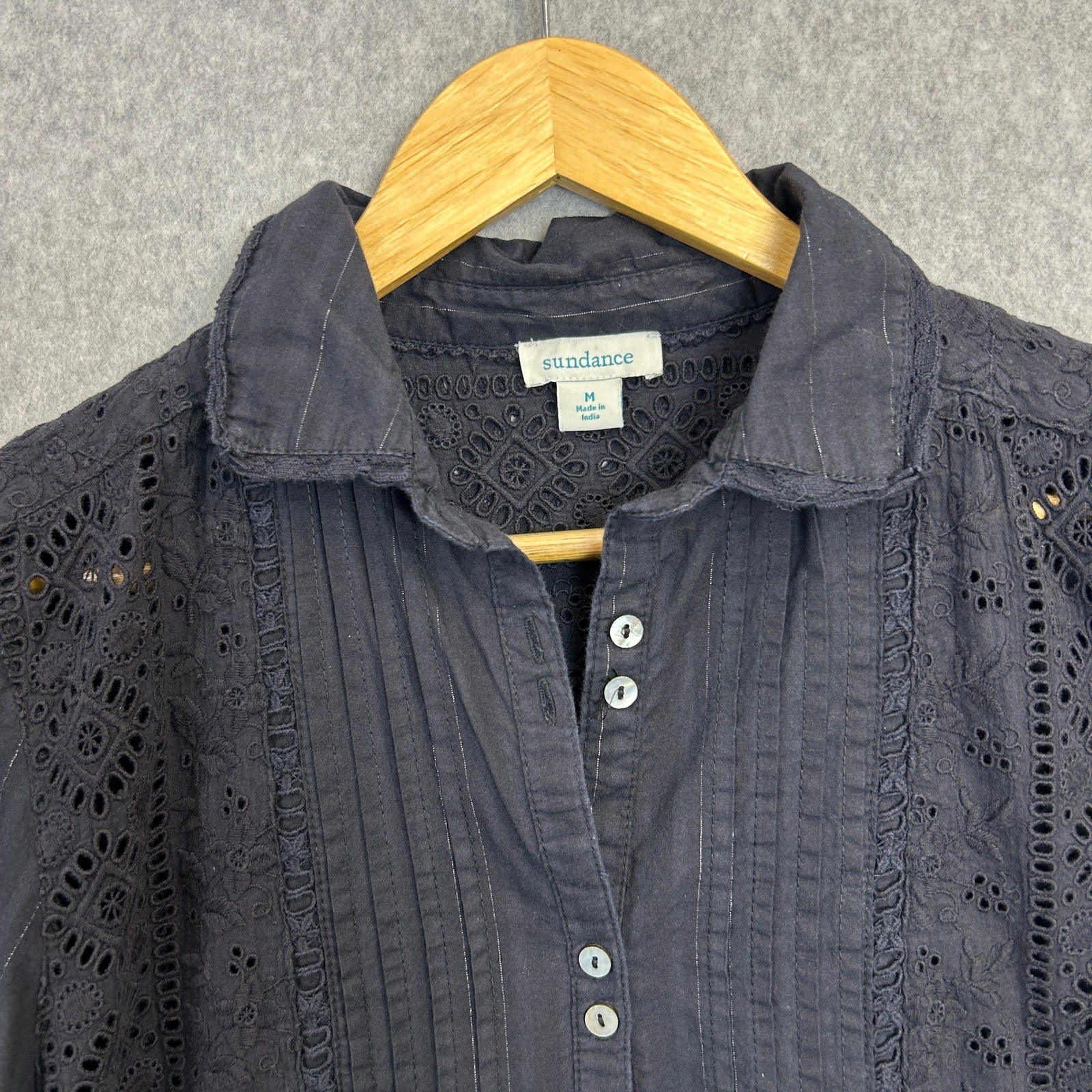 Sundance Sz Medium Blouse Black Eyelet Embroidered Pintuck Dark Romance Cottage