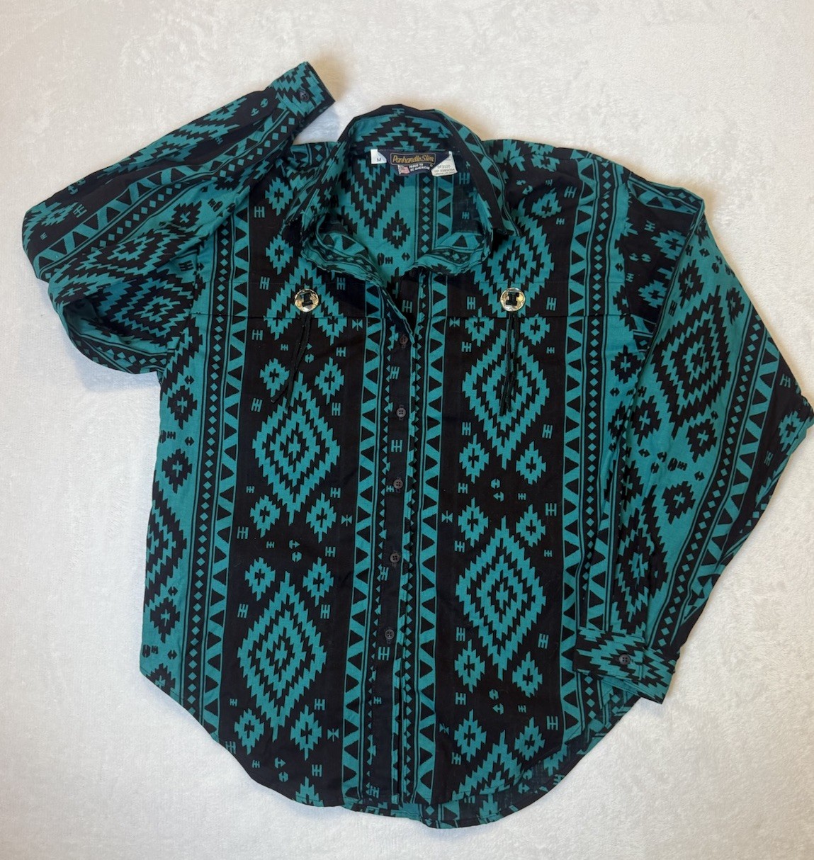 Vintage Panhandle Slim Western Shirt Vibrant Teal Aztec Shirt Sz. M U.S.A.