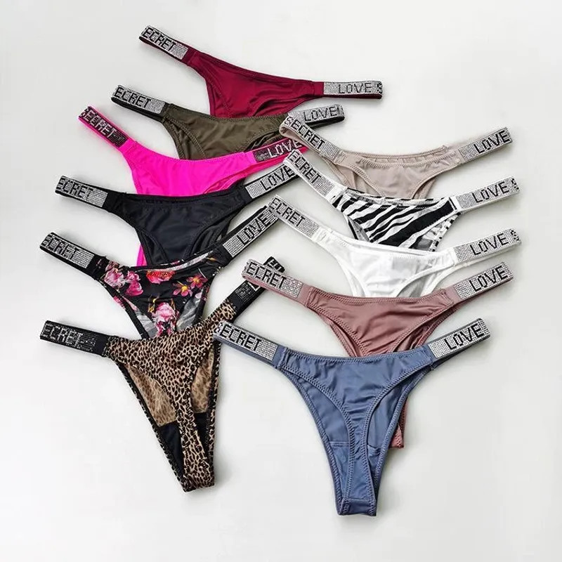 Low Waist Sexy Women Thongs Panties Rhinestones Letter Diamonds G String Sports