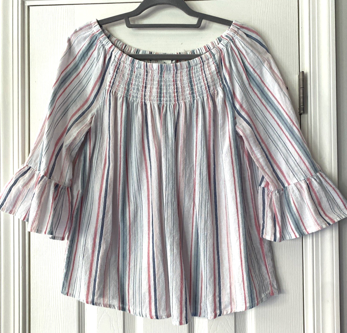WOMENS BEACH LUNCH LOUNGE COTTON GAUZE STRIPED TOP OFF SHOULDER BELL SLEEVE MED