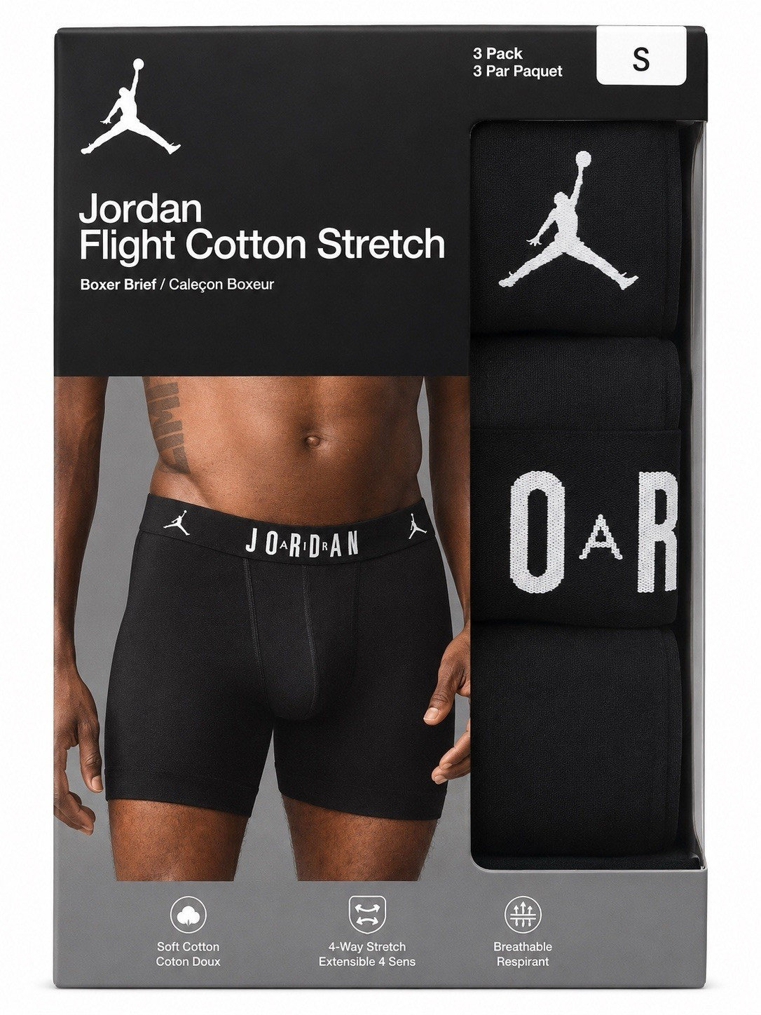 Jordan Flight Cotton Stretch Boxer Briefs 3-Pack Black Solid Breathable Men’s S