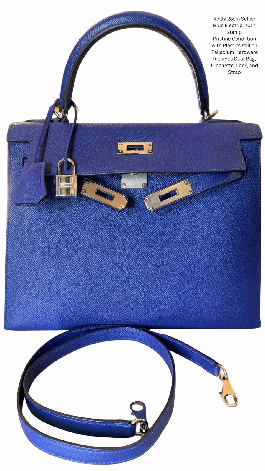 HERMÈS Kelly Sellier Electric Blue 28cm Lock Clochette Strap Silver Hardware