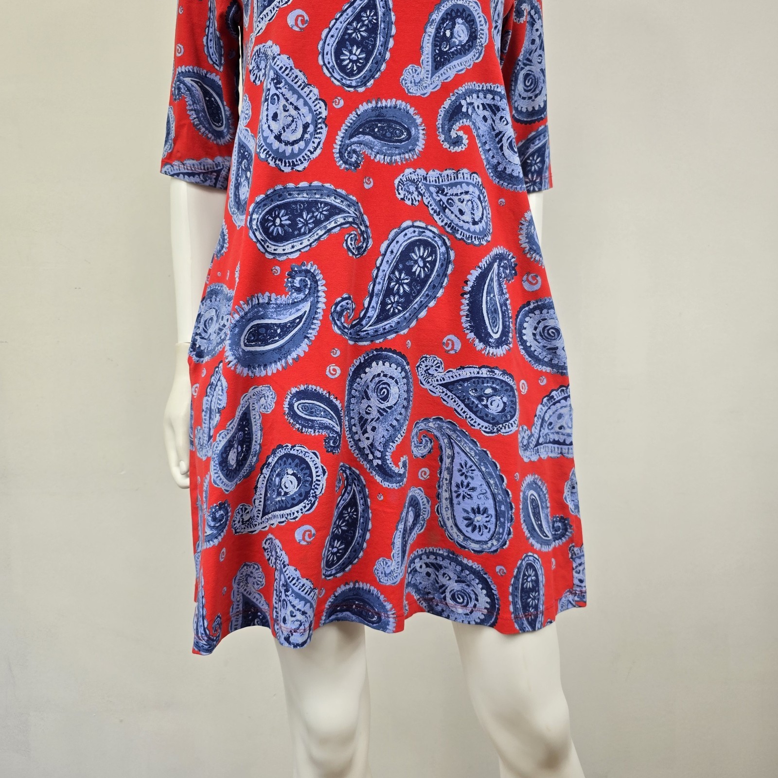 Ana Clare Dress Mini A-Line Shift Paisley Red Short Sleeve Pockets Preppy Size M