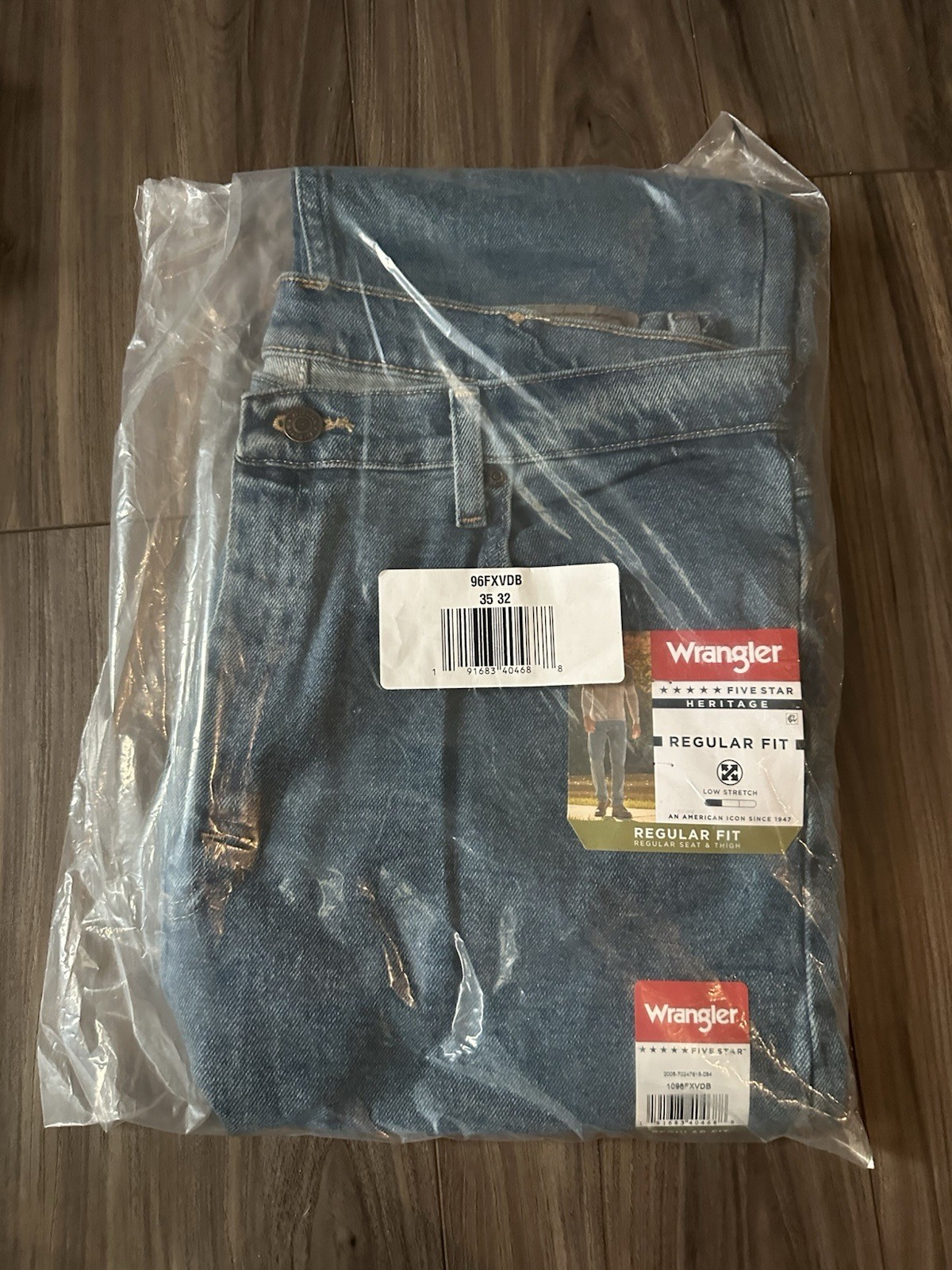 New Men’s Wrangler Five Star Heritage Regular Fit Stretch Blue Jeans Size 35×32
