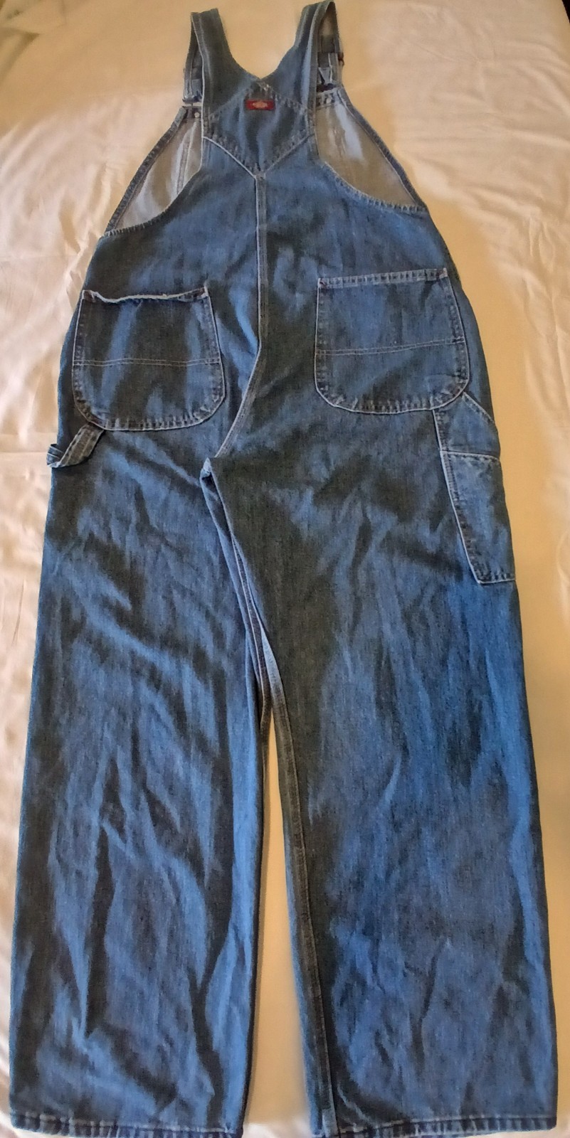 Dickies Overalls 34 X 30 Coveralls Bib Blue Cotton Denim Carpenter Farm Work EUC