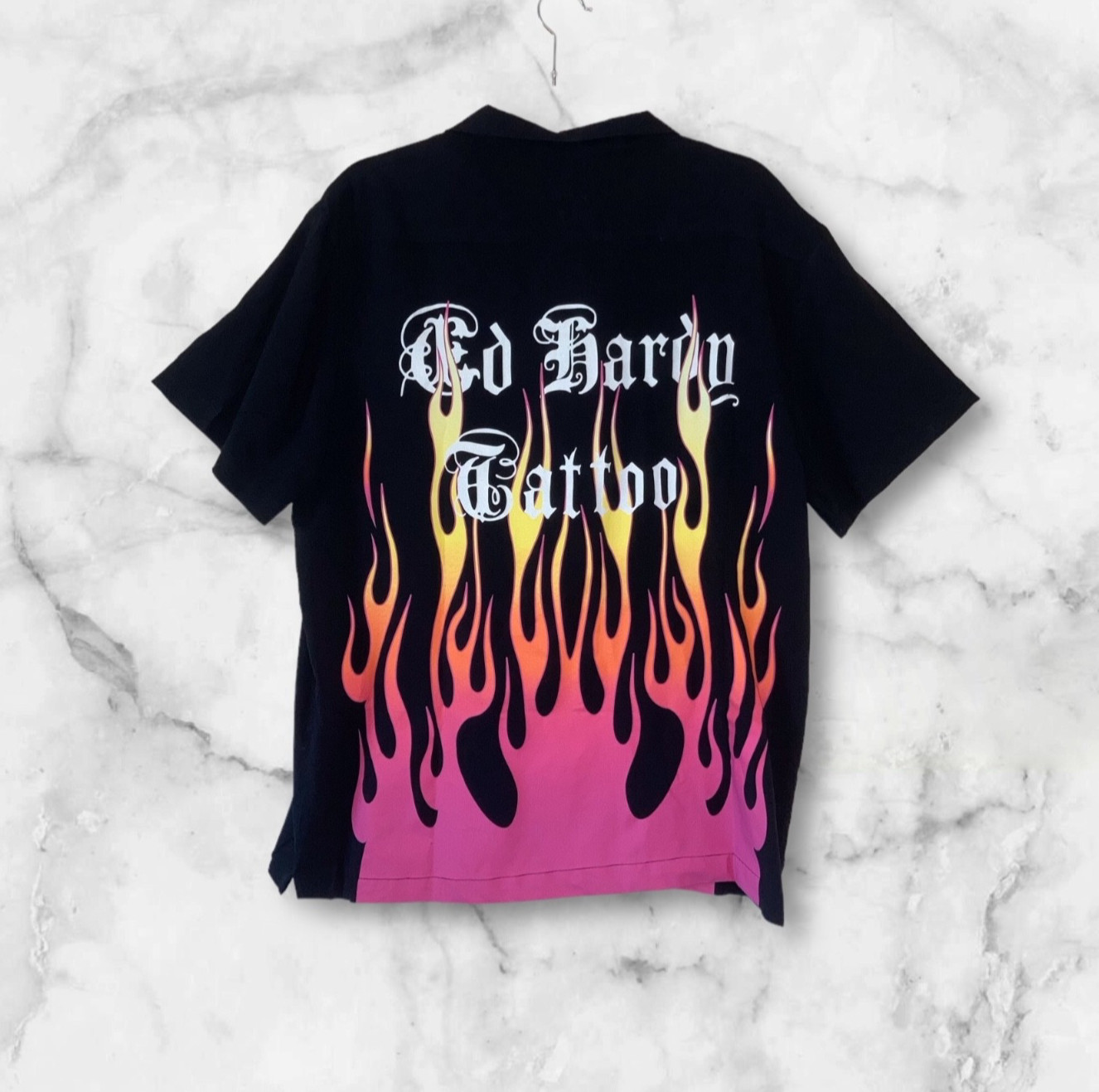 Ed Hardy Shirt Mens Large Full Button Black With Flame Graphics NWT Size L