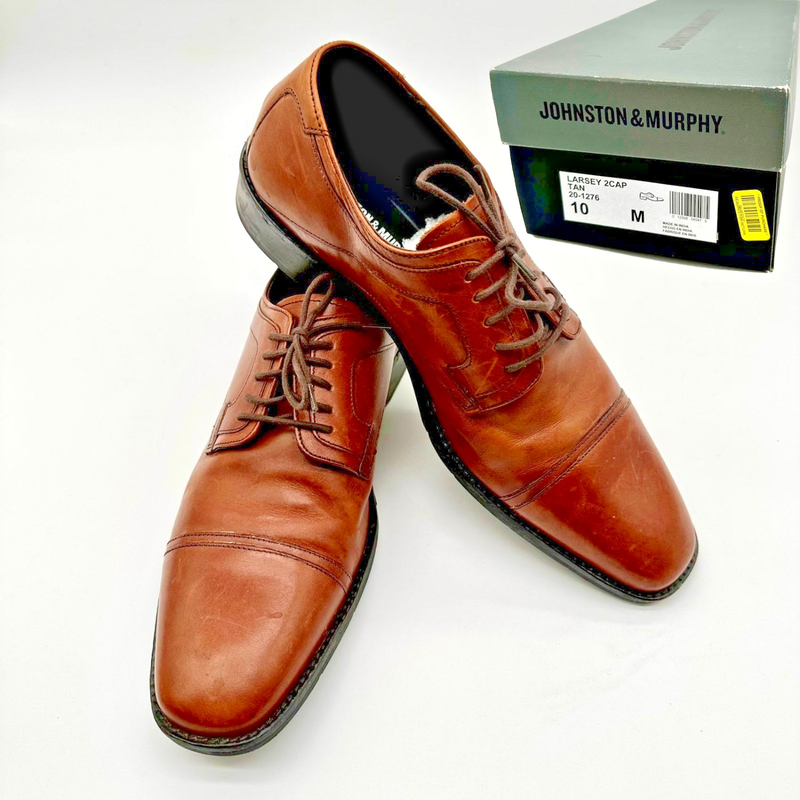 Johnston & Murphy Men’s Brown Leather Larsey 2cap Oxford Dress Shoes 10M – & Box