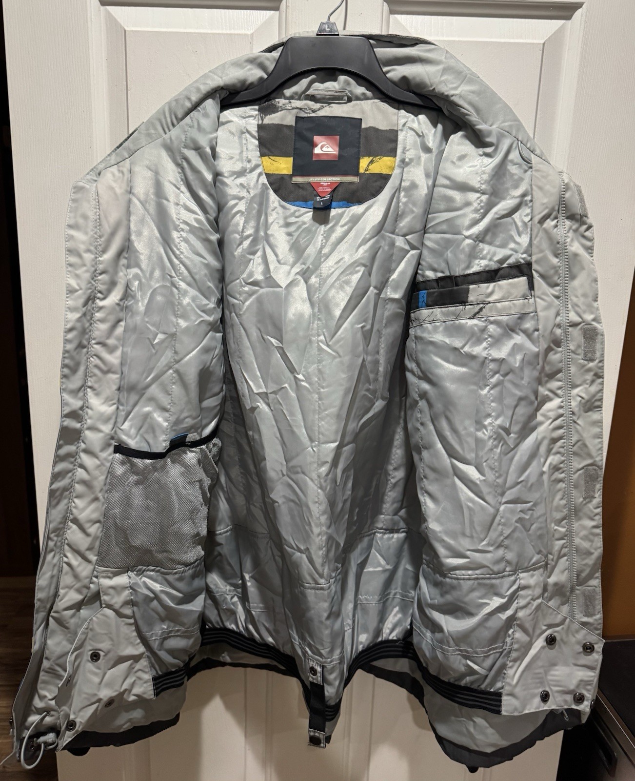 Quiksilver Jacket Mens Large Gray Striped Tech 10.000MM Hooded Snowboard Ski Y2K