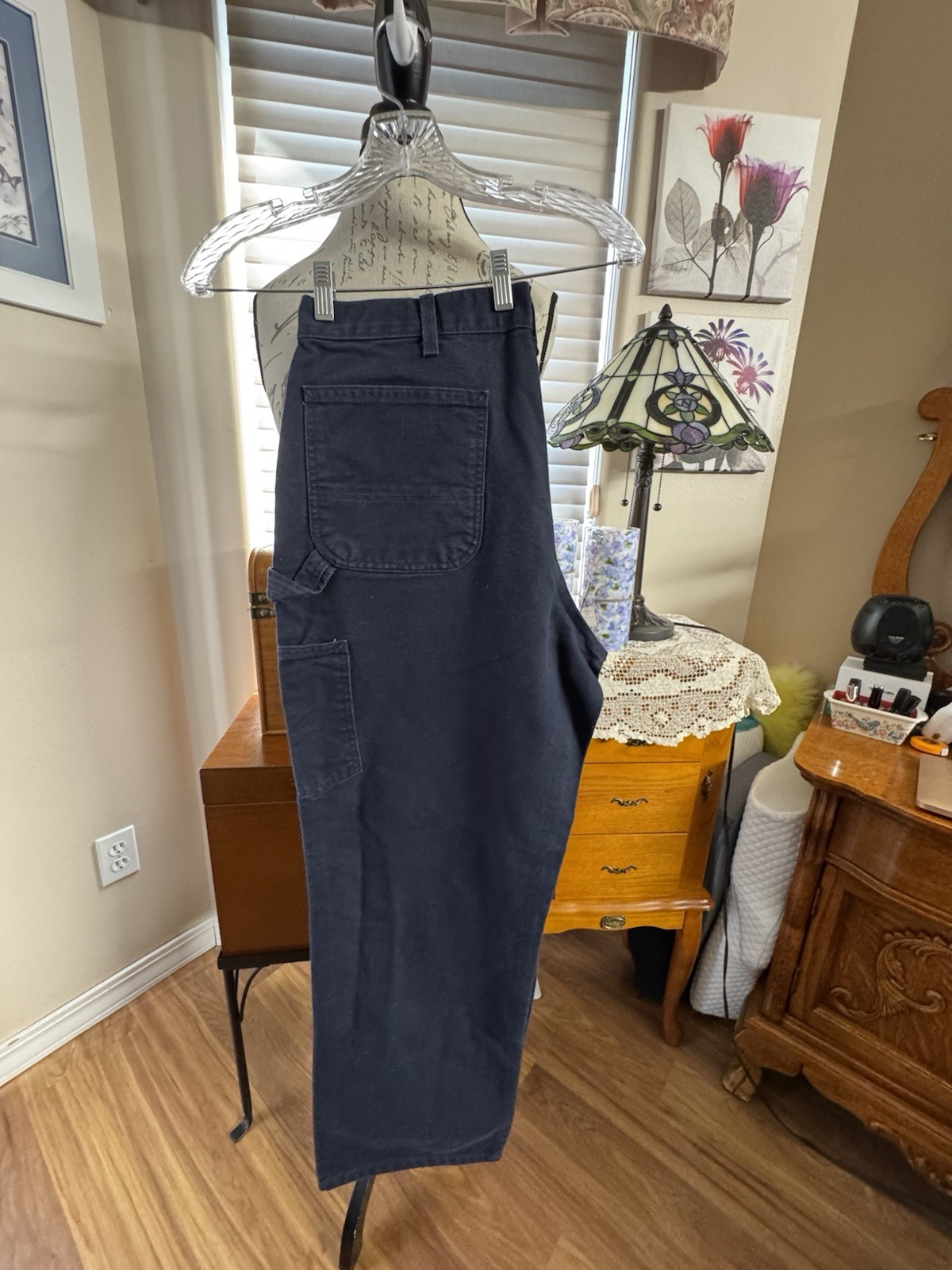 CARHARTT MENS 36X30 NAVY COTTON DENIM CARPENTER PANTS, FLAT FRONT, SLANT POCKETS
