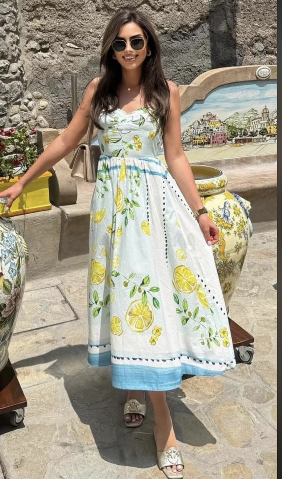 Zara Lemon Print Long Poplin Dress Light Blue Green Size S 3454/347 New