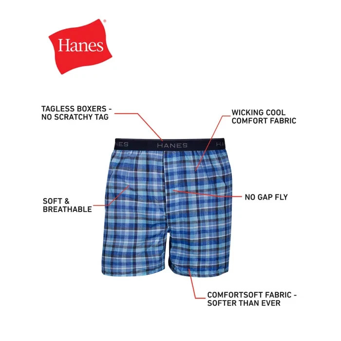 Hanes Men’s Plaid Boxer Underwear Medium 6 Pack Moisture Wicking 841BX6