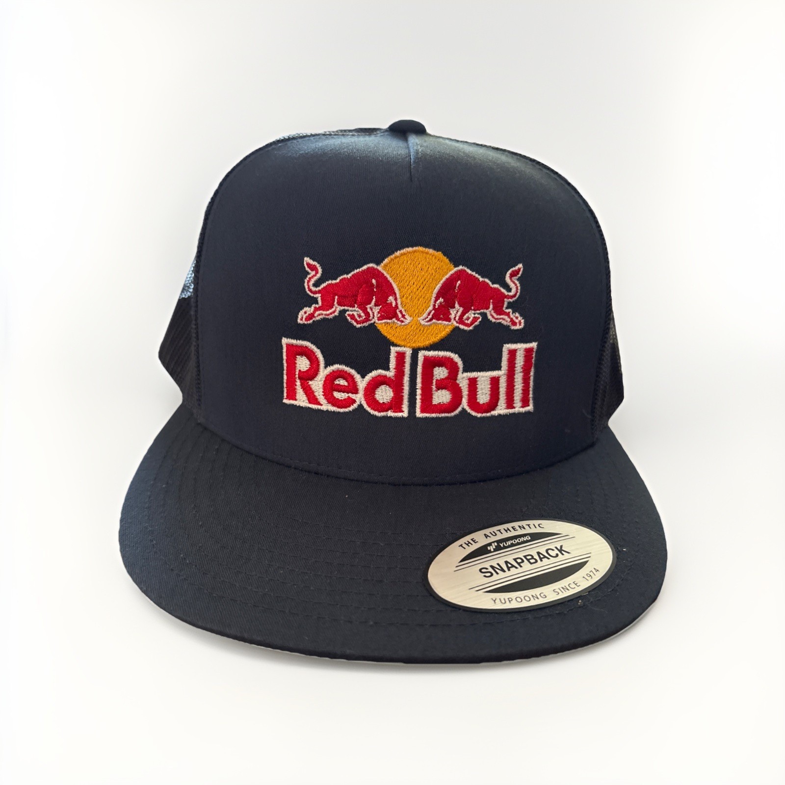 Red Bull Blue Baseball Flat Bill Trucker Cap Yupoong Vtg Retro Redbull Navy