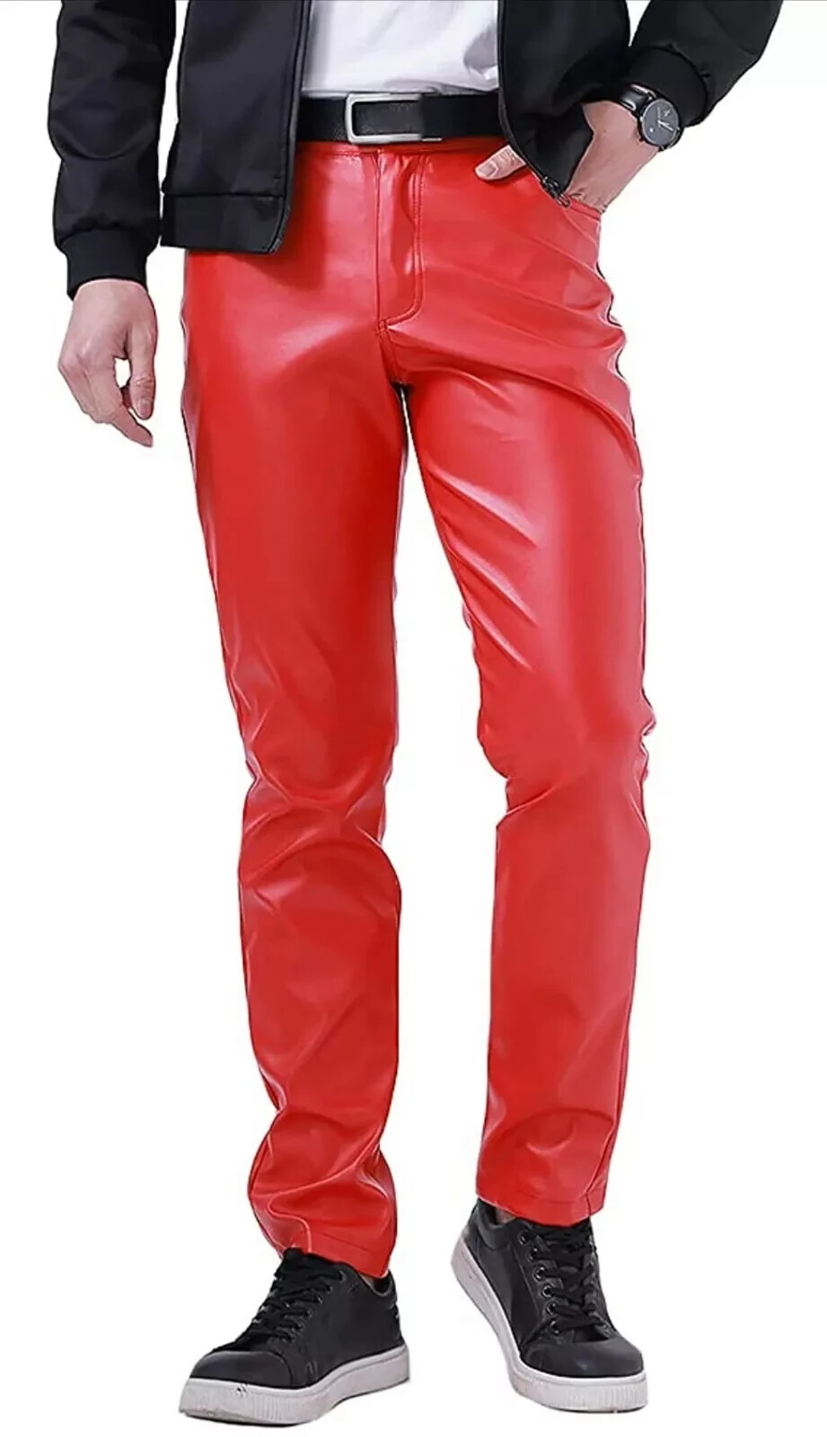 Mens Biker Jeans Real Red Or Cow Leather Sleek And Sexy 501 Style Pants New