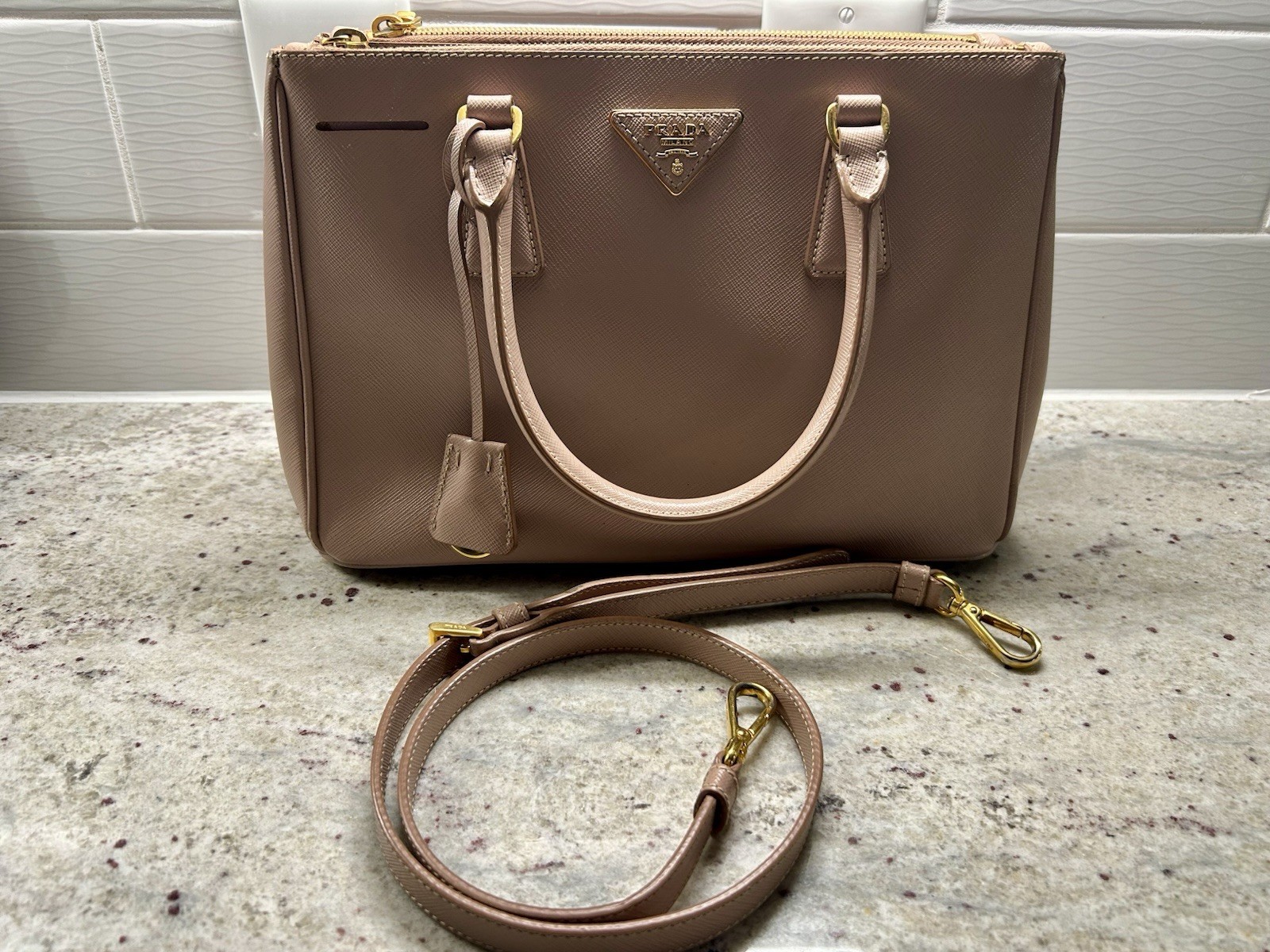 PRADA Pink Galleria Saffiano Leather Top Handle Bag w/ Adjustable Strap, Gold