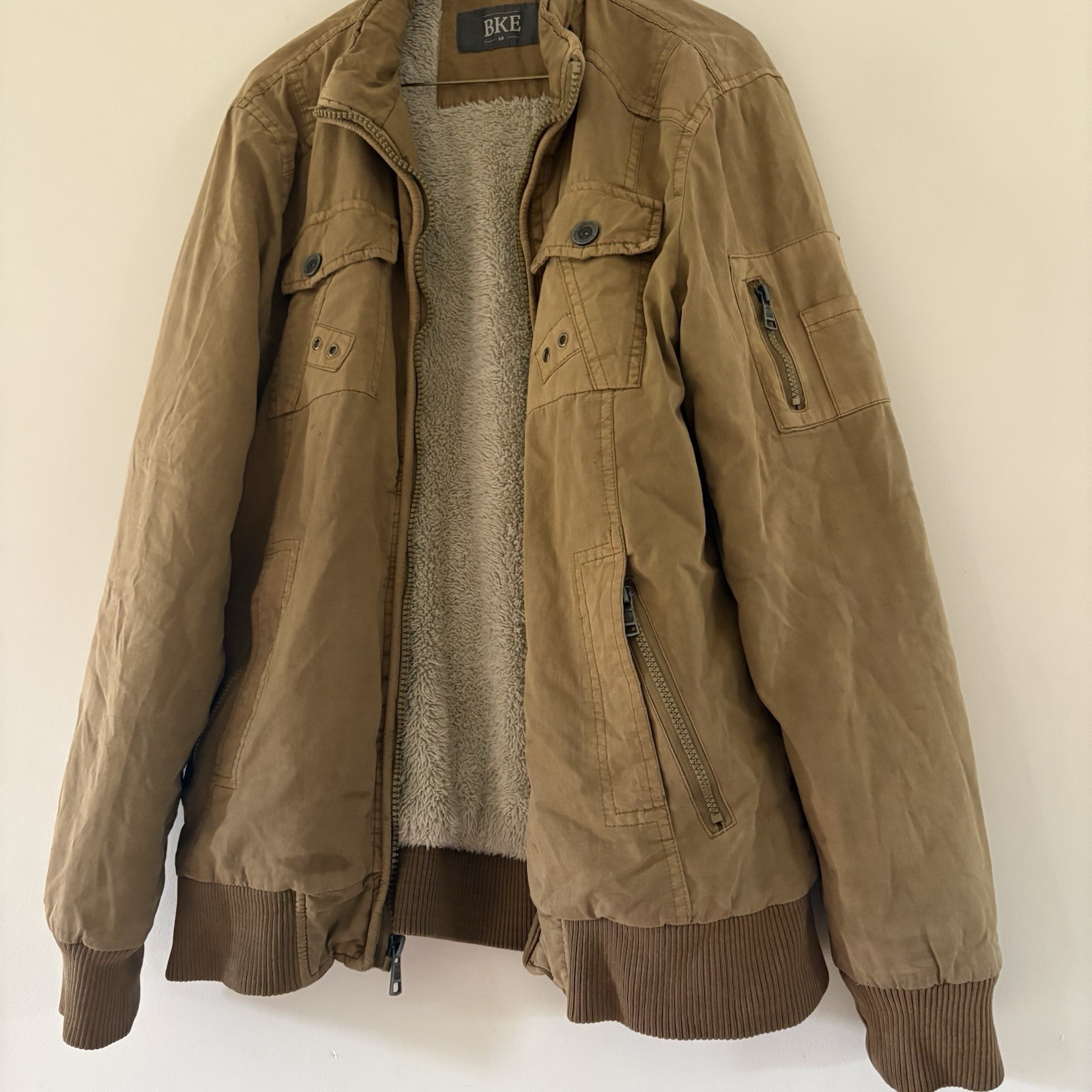 BKE Men’s Brown Bomber Jacket Sherpa Lined Zip/Button Pockets Size M