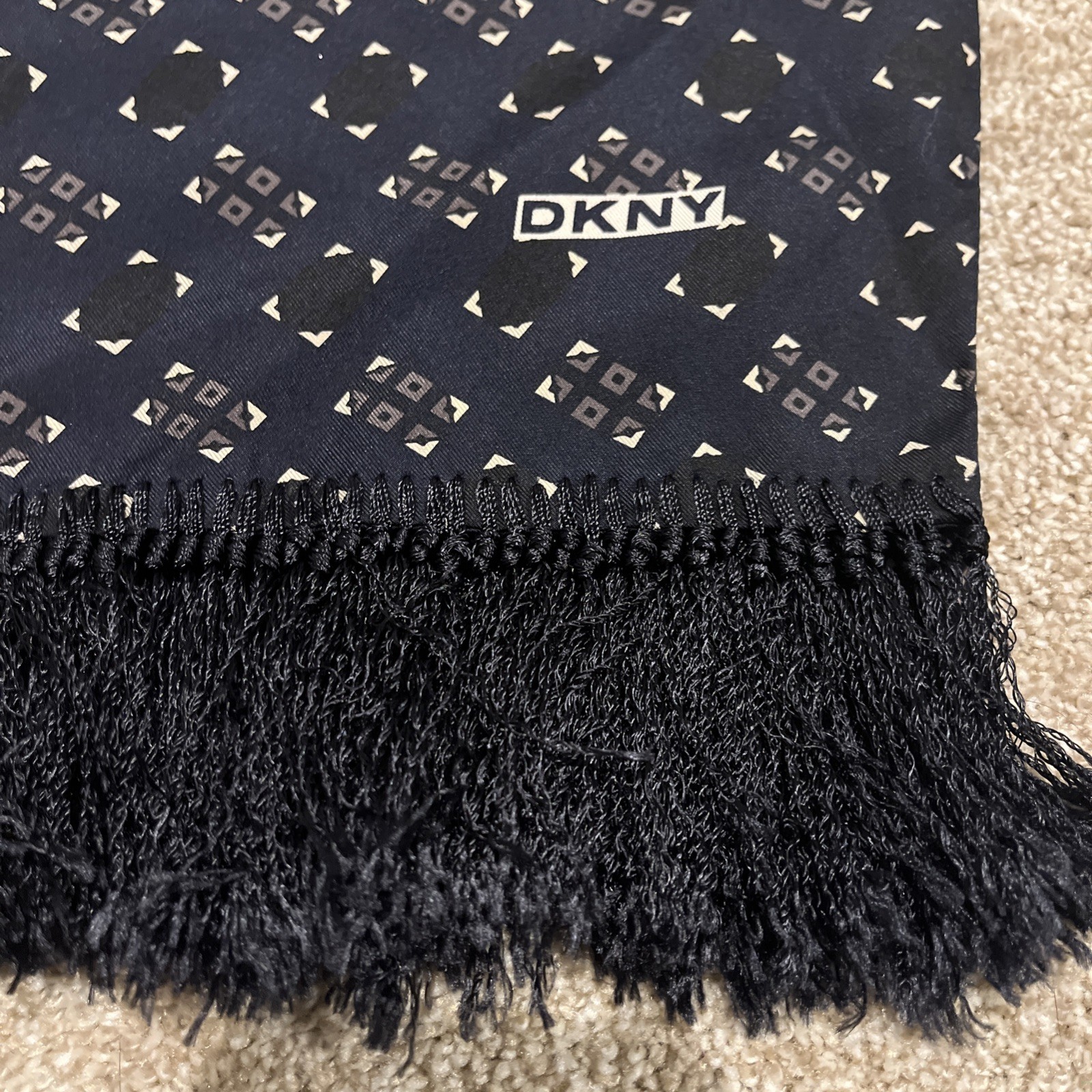 DKNY Donna Karan Geometric Navy Rectangle silk scarf 54”x 11” Fringed Made Korea